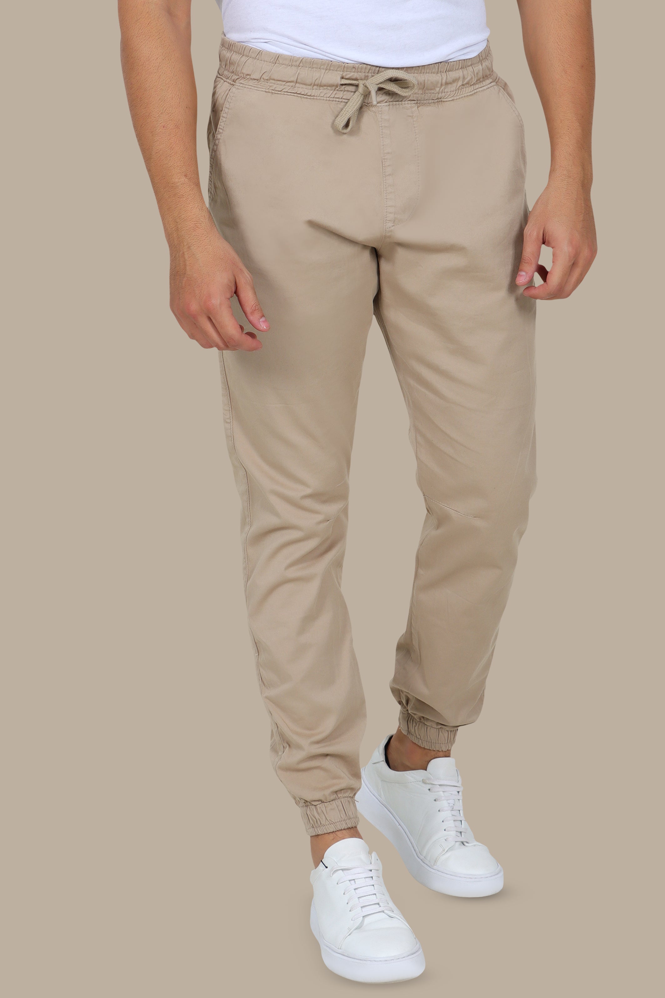Light Beige Basic Cargo Pants with Elastic Waist