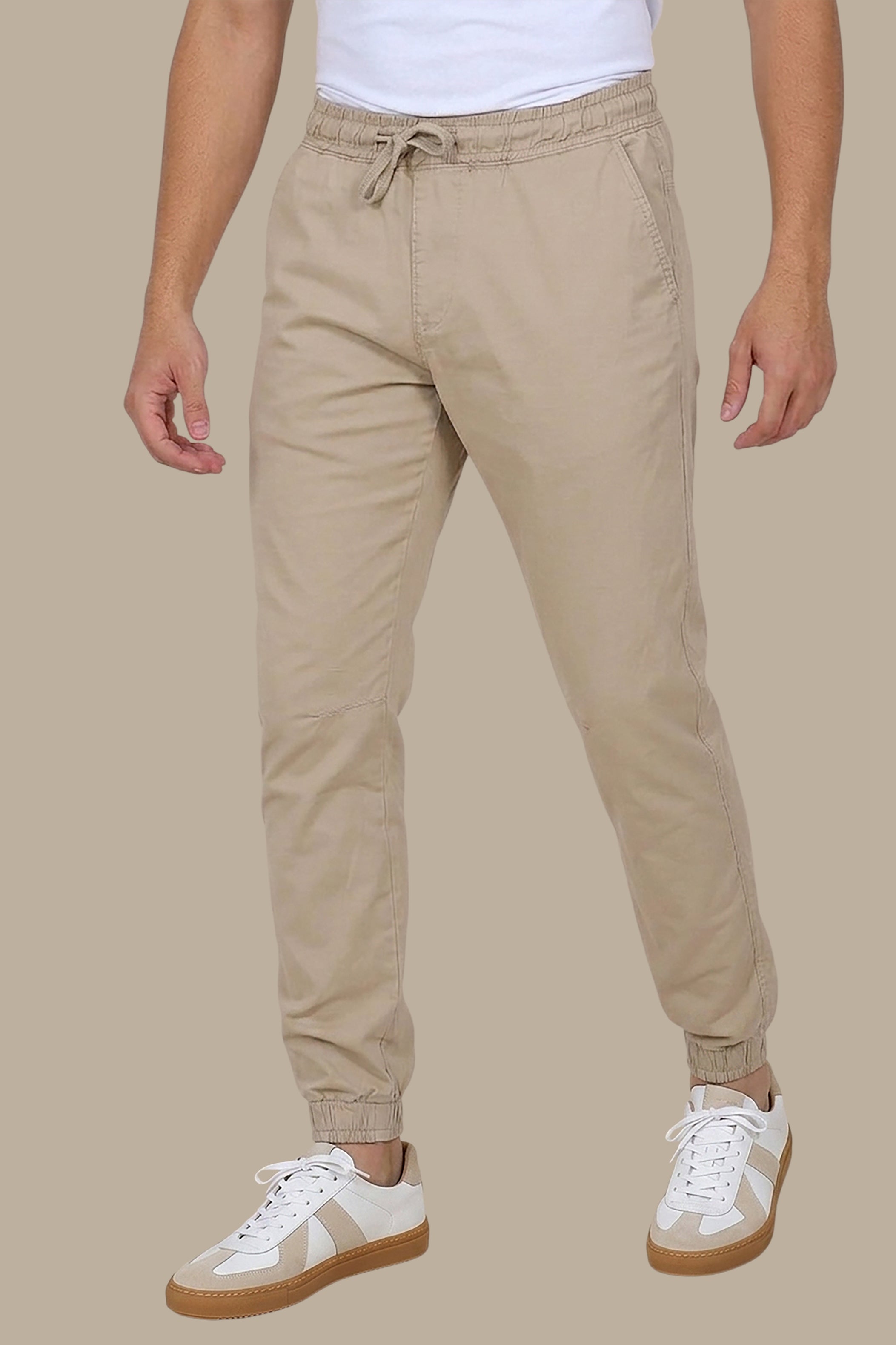 Light Beige Basic Cargo Pants with Elastic Waist
