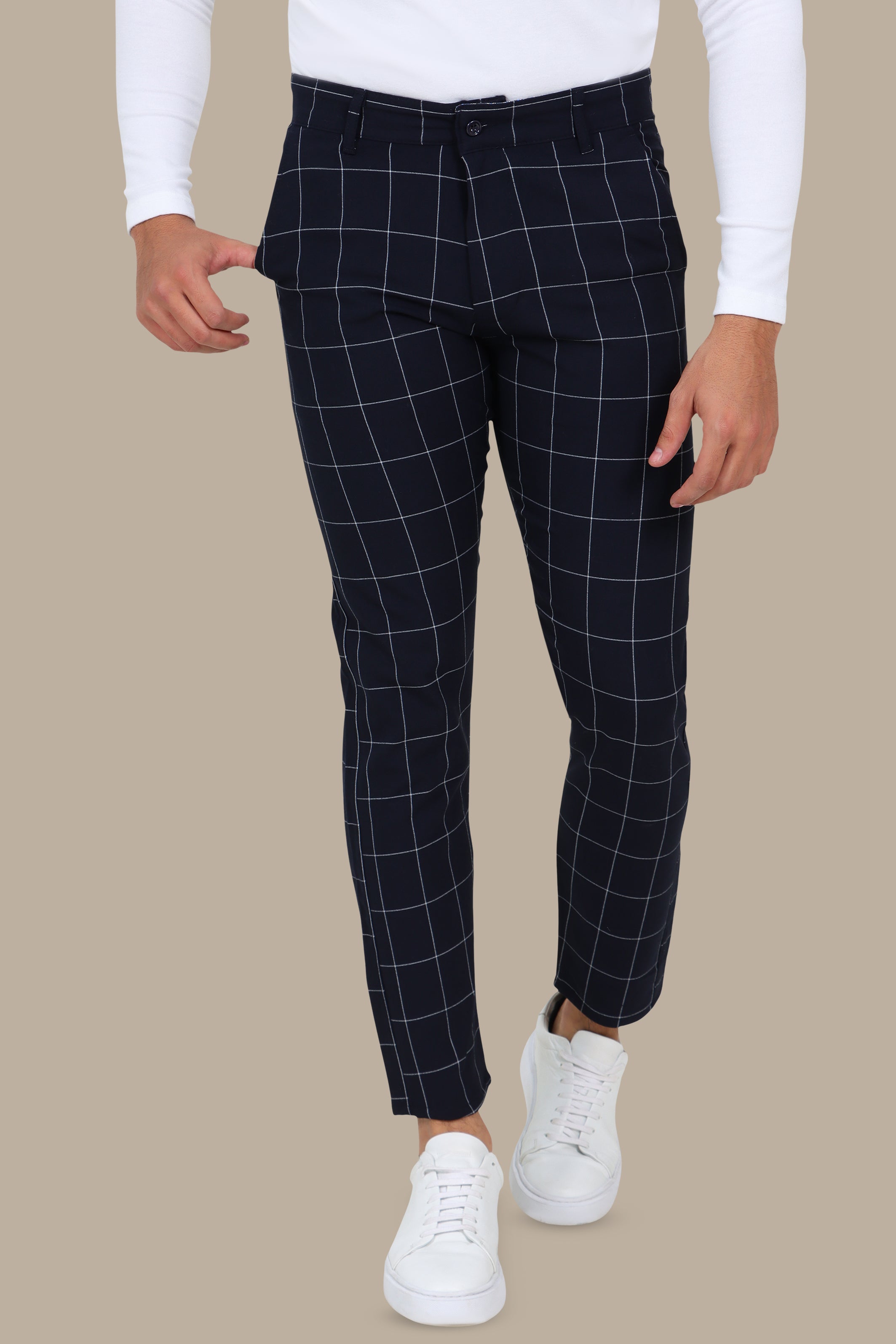 Navy Slim Fit Checked Fashion Trousers