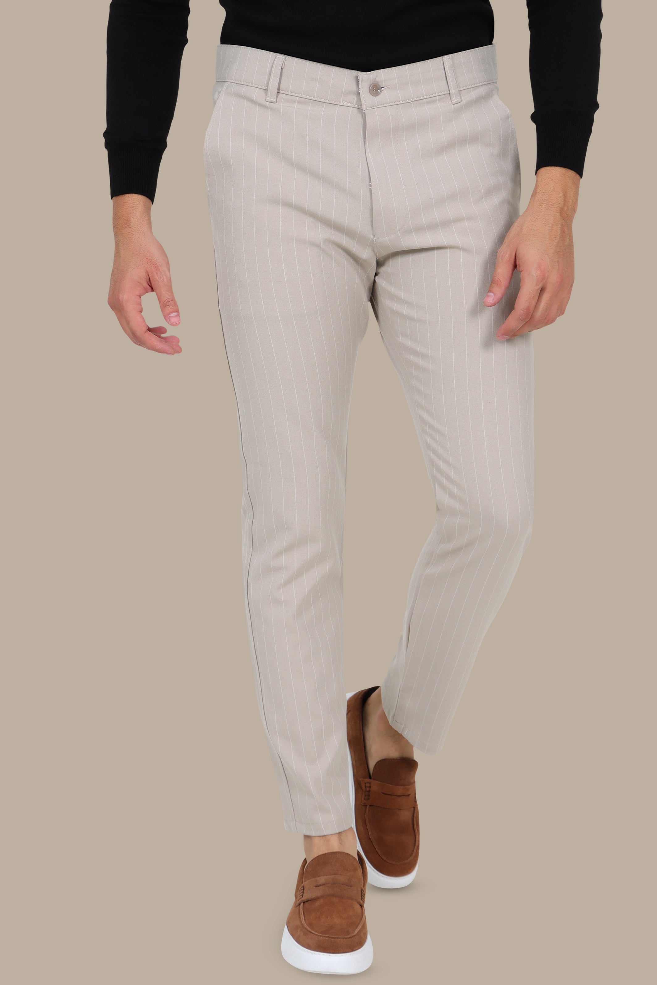 Beige Slim Fit Striped Fashion Trousers