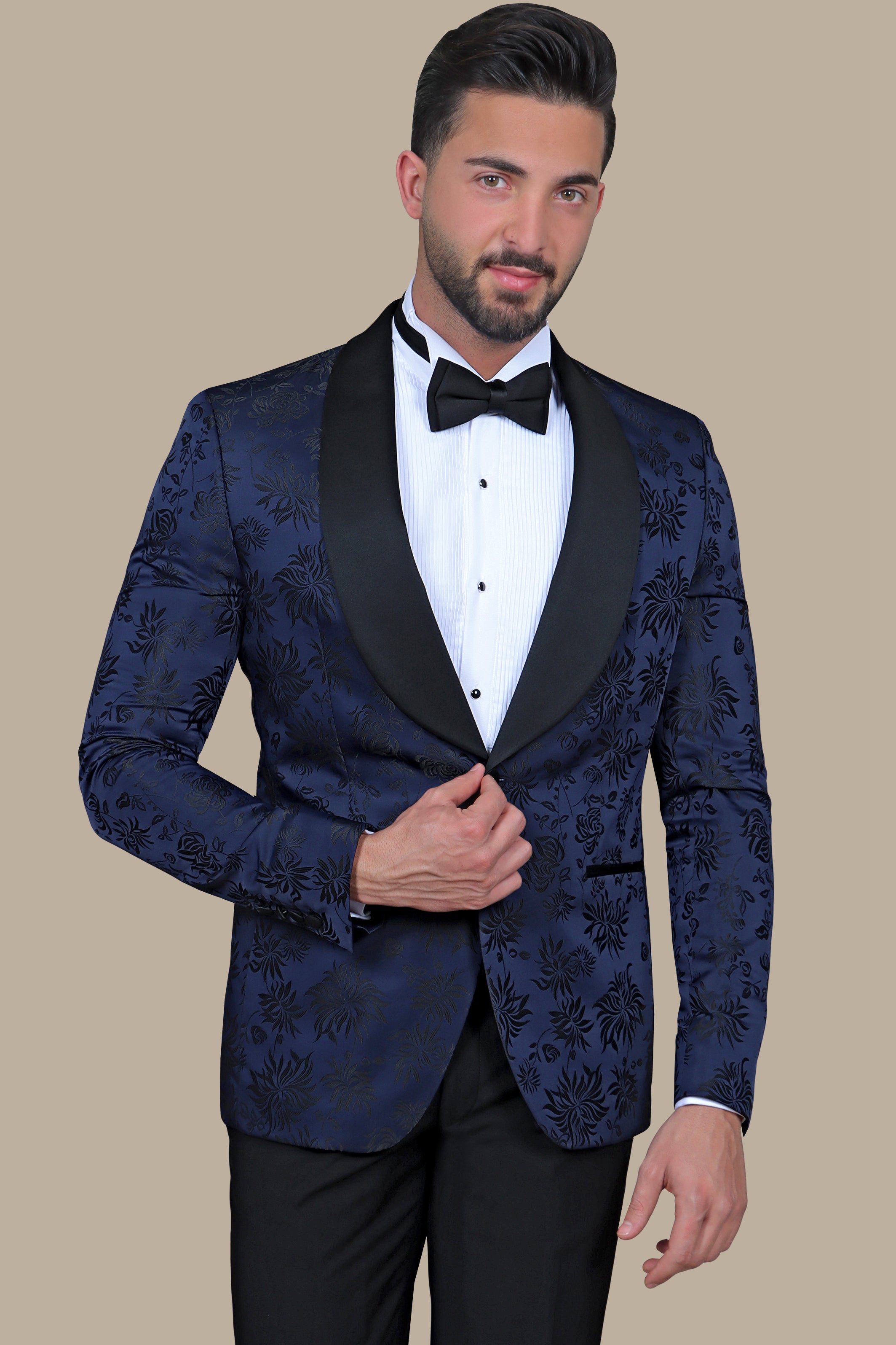 Navy Bloom: FV Tuxedo with Wide Col Chale Floral Print