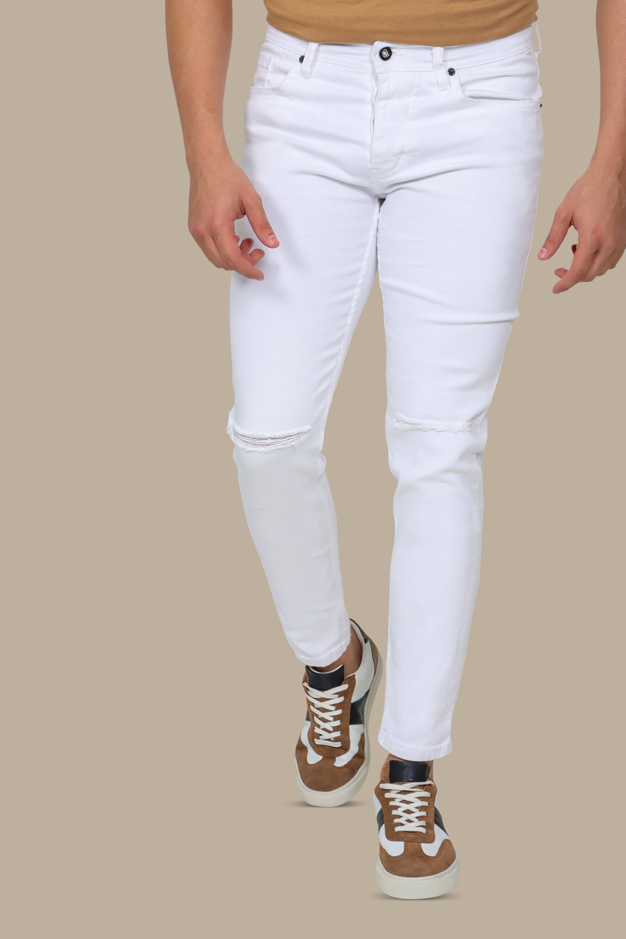 White Slim Fit Jeans with Knee Rips