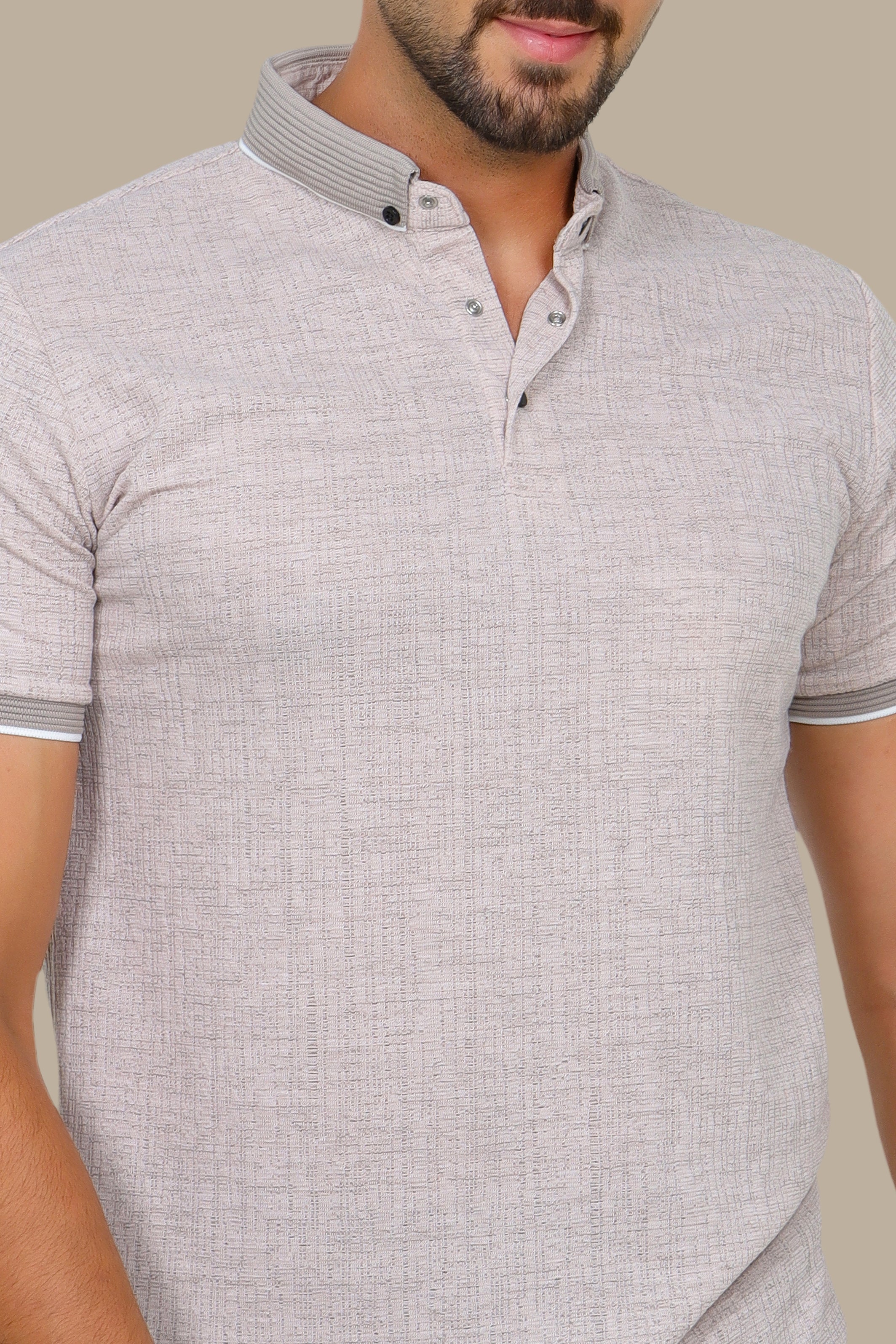 Beige Polo Short Sleeve Structured Button-Down