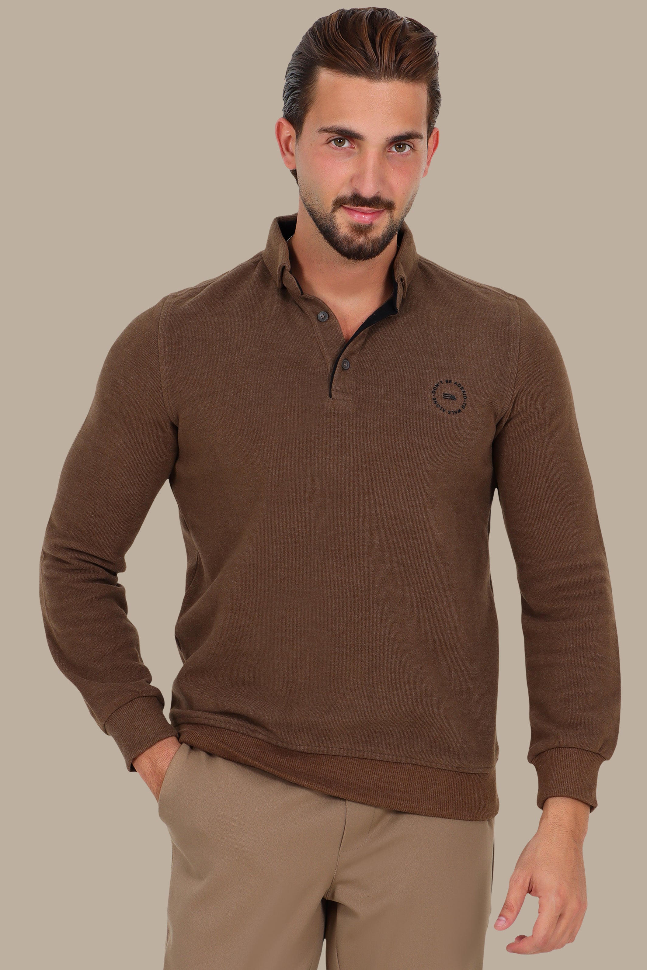 Velvet Long-Sleeve Polo in Light Brown