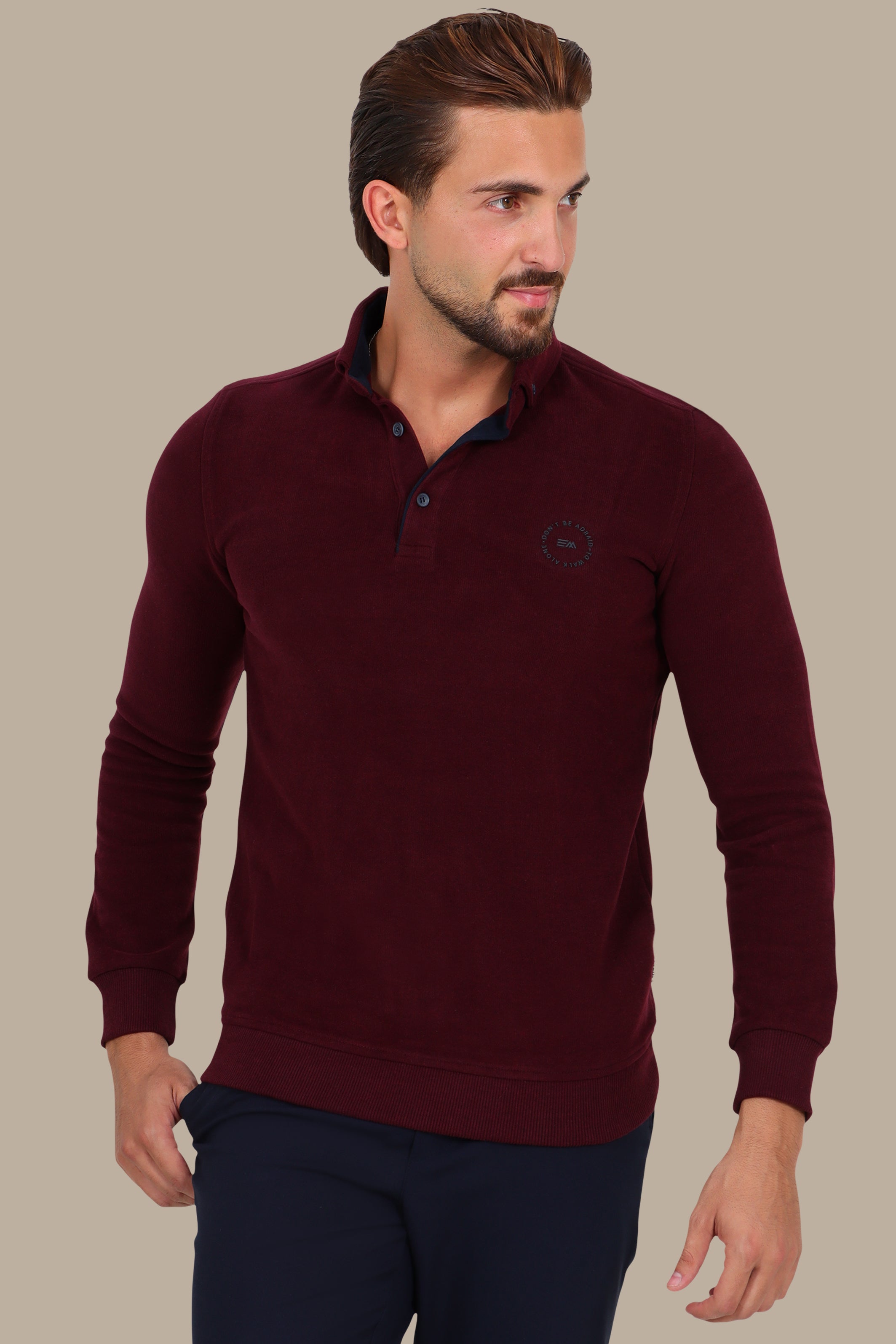 Long Sleeve Velvet Polo in Burgundy