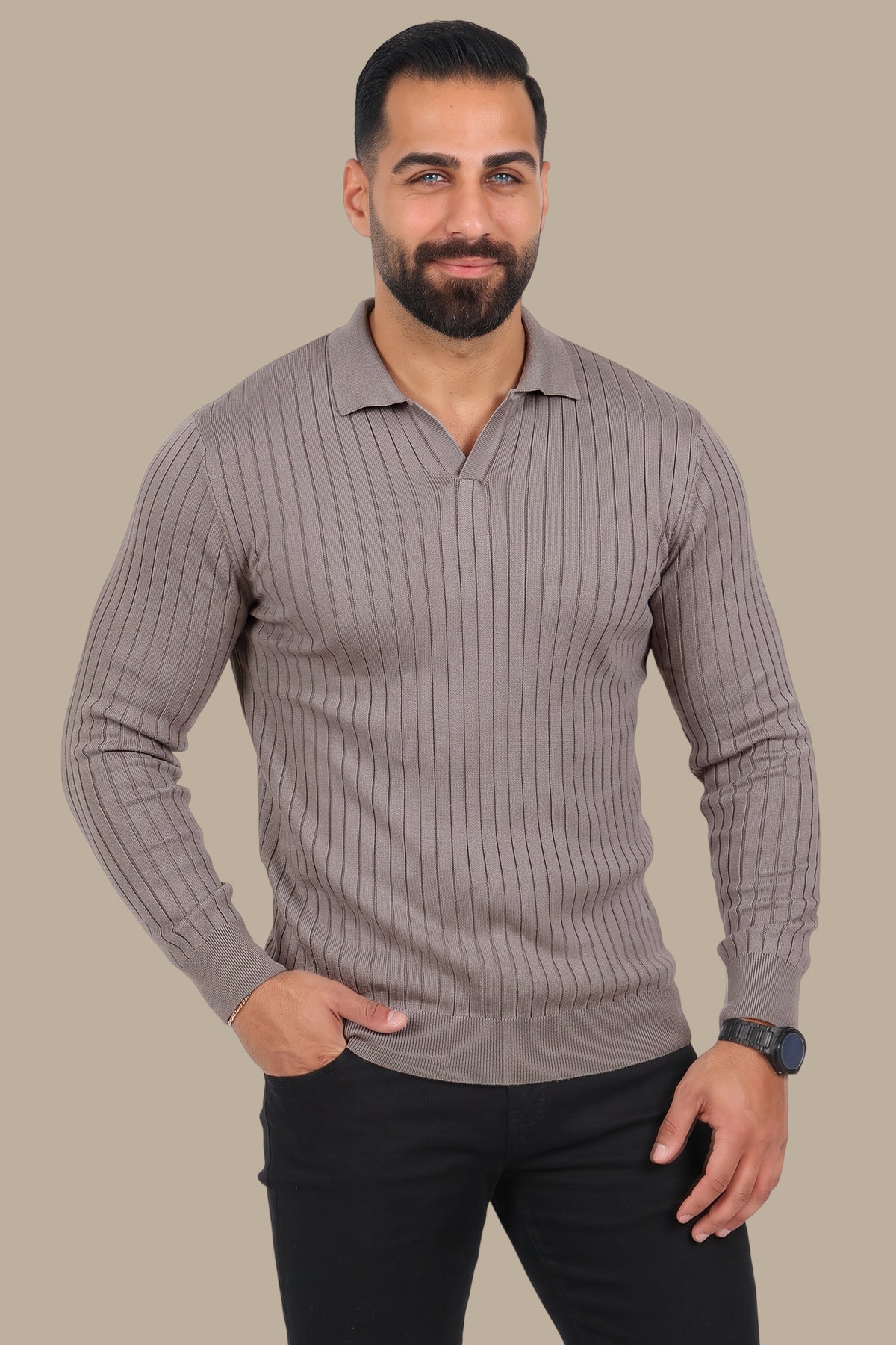 Beige Basic Polo with Vertical Lines