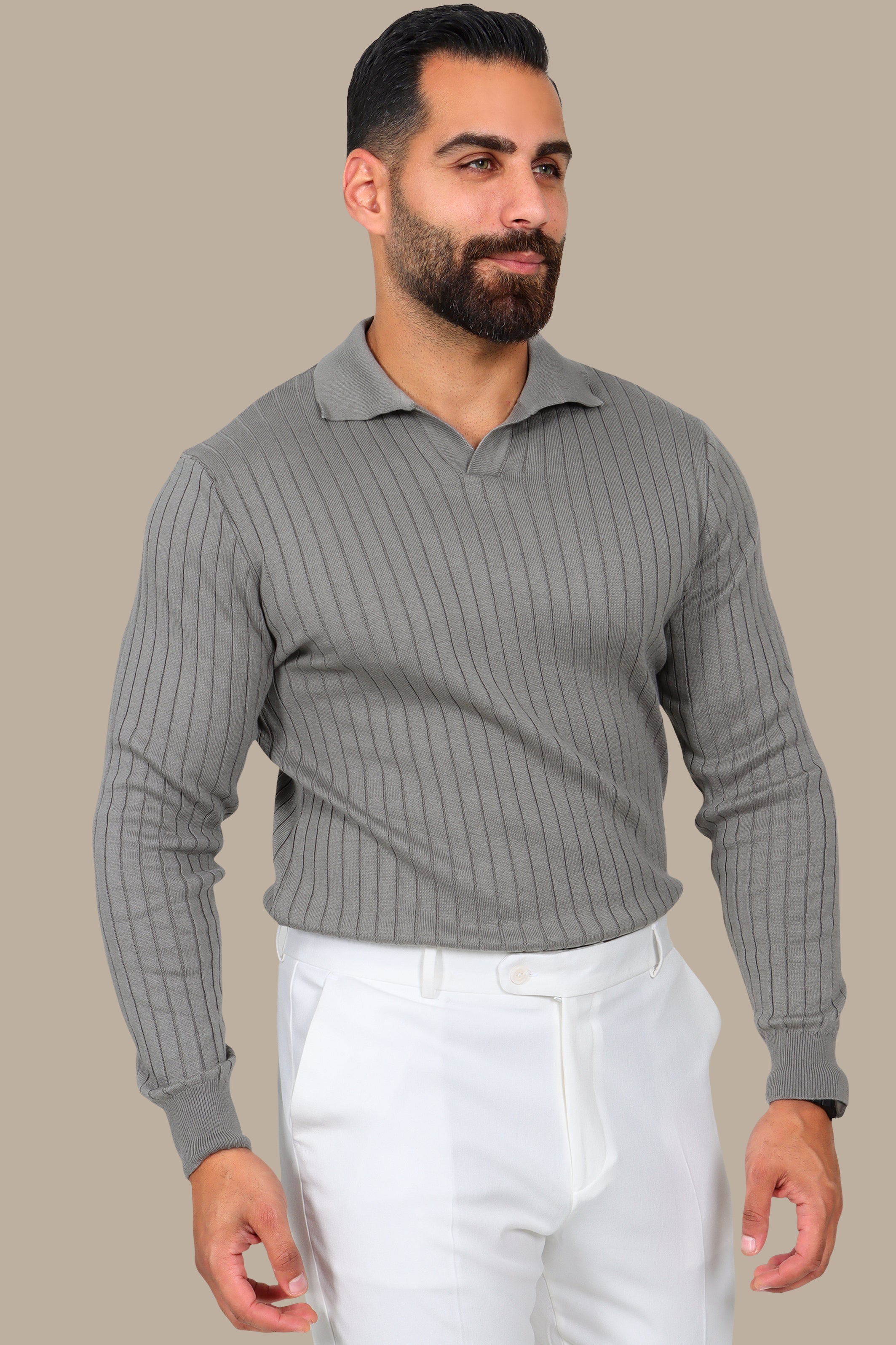 Basic Long-Sleeve Polo with Vertical Lines Olive