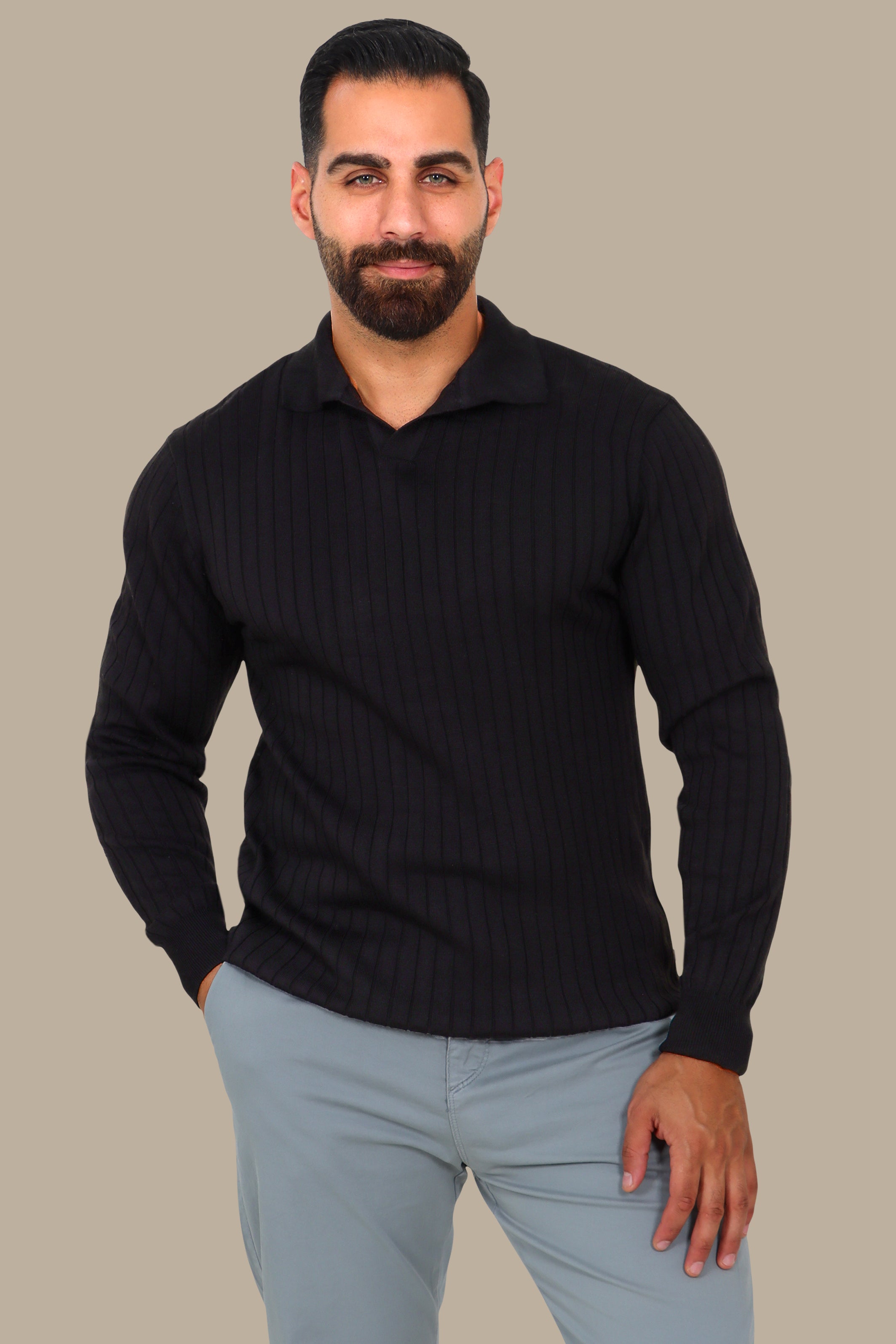 Basic Long-Sleeve Polo with Vertical Lines Black