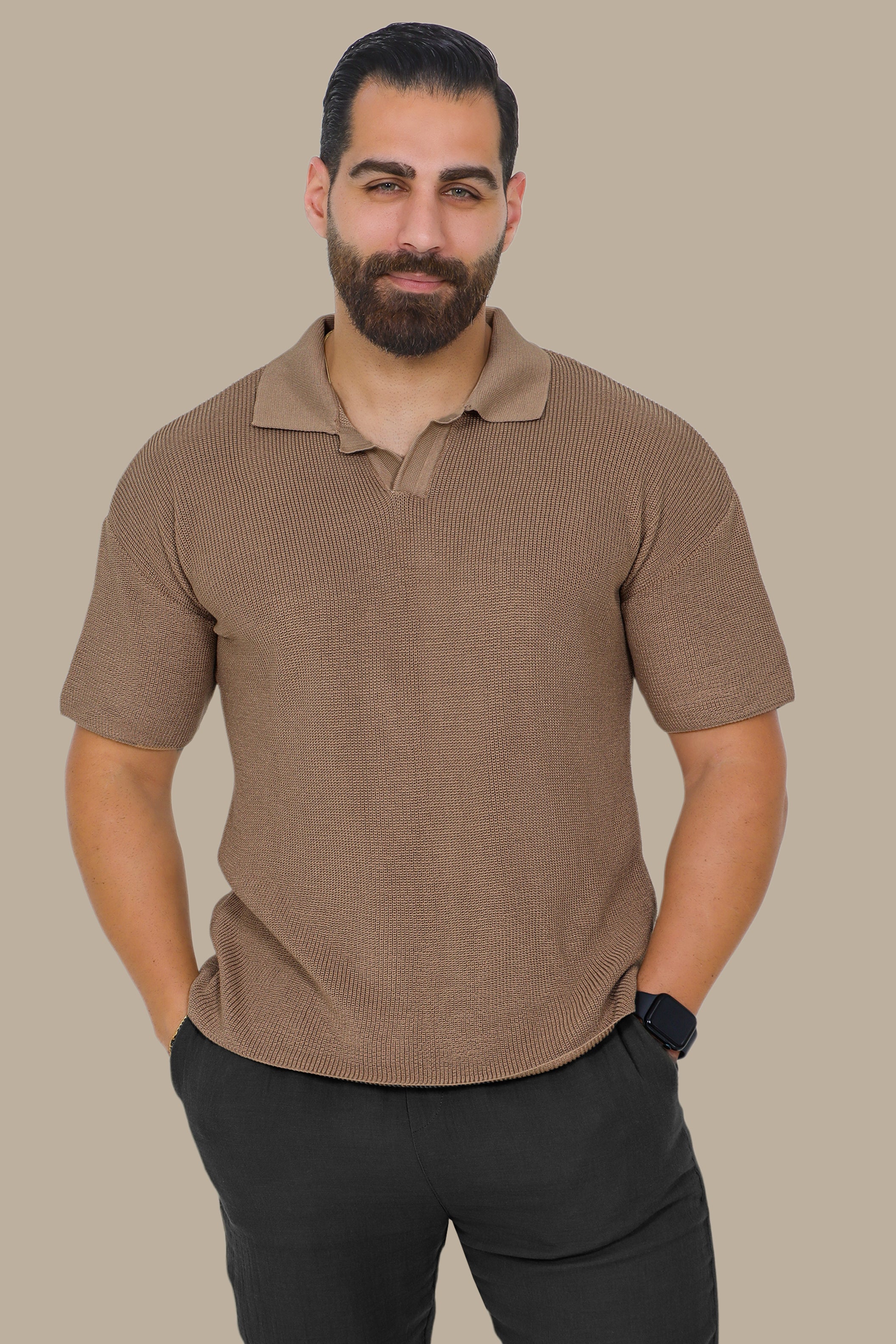 Beige Mercerized V-Neck Polo