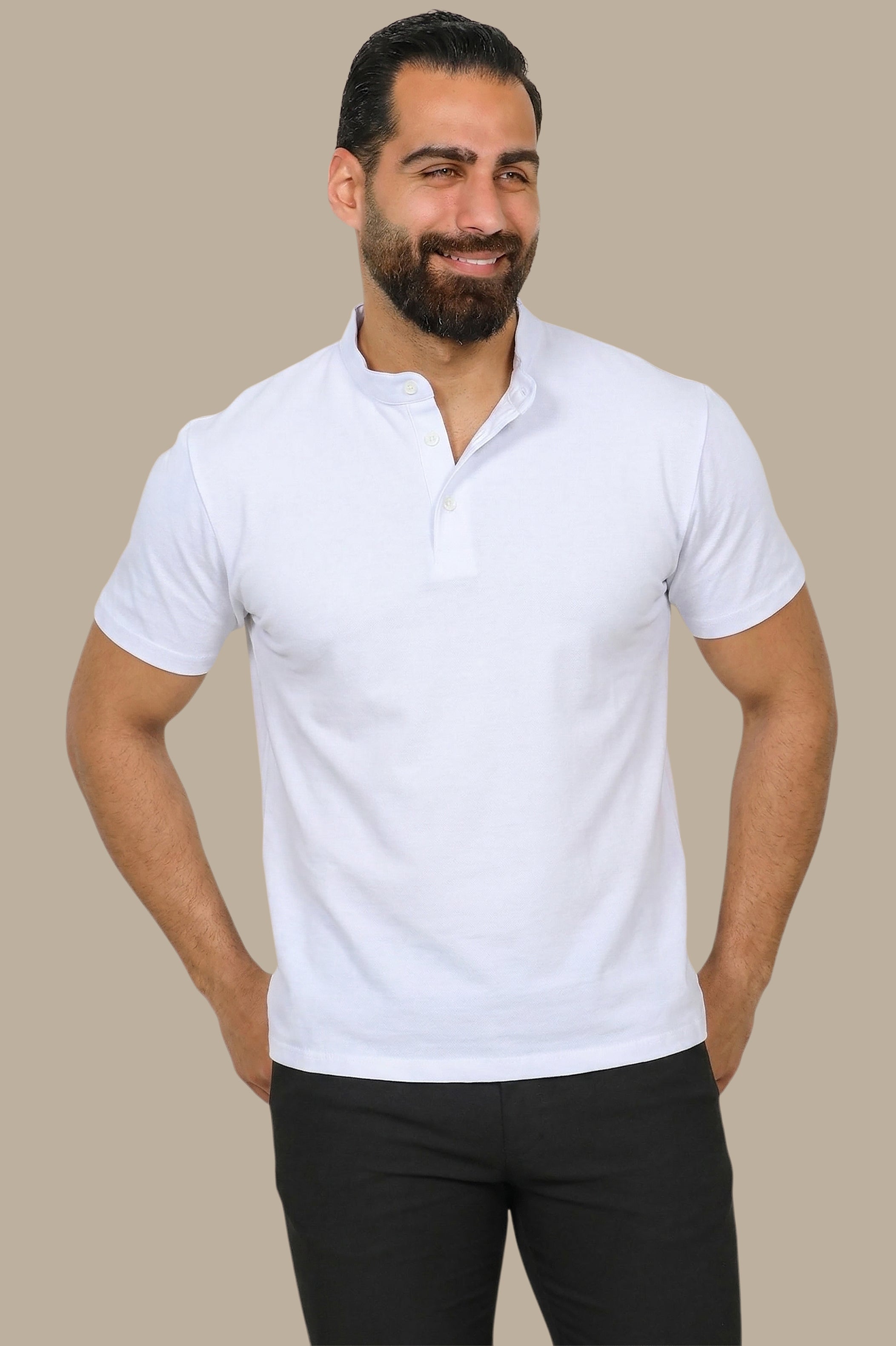 White Basic Mao Collar Polo