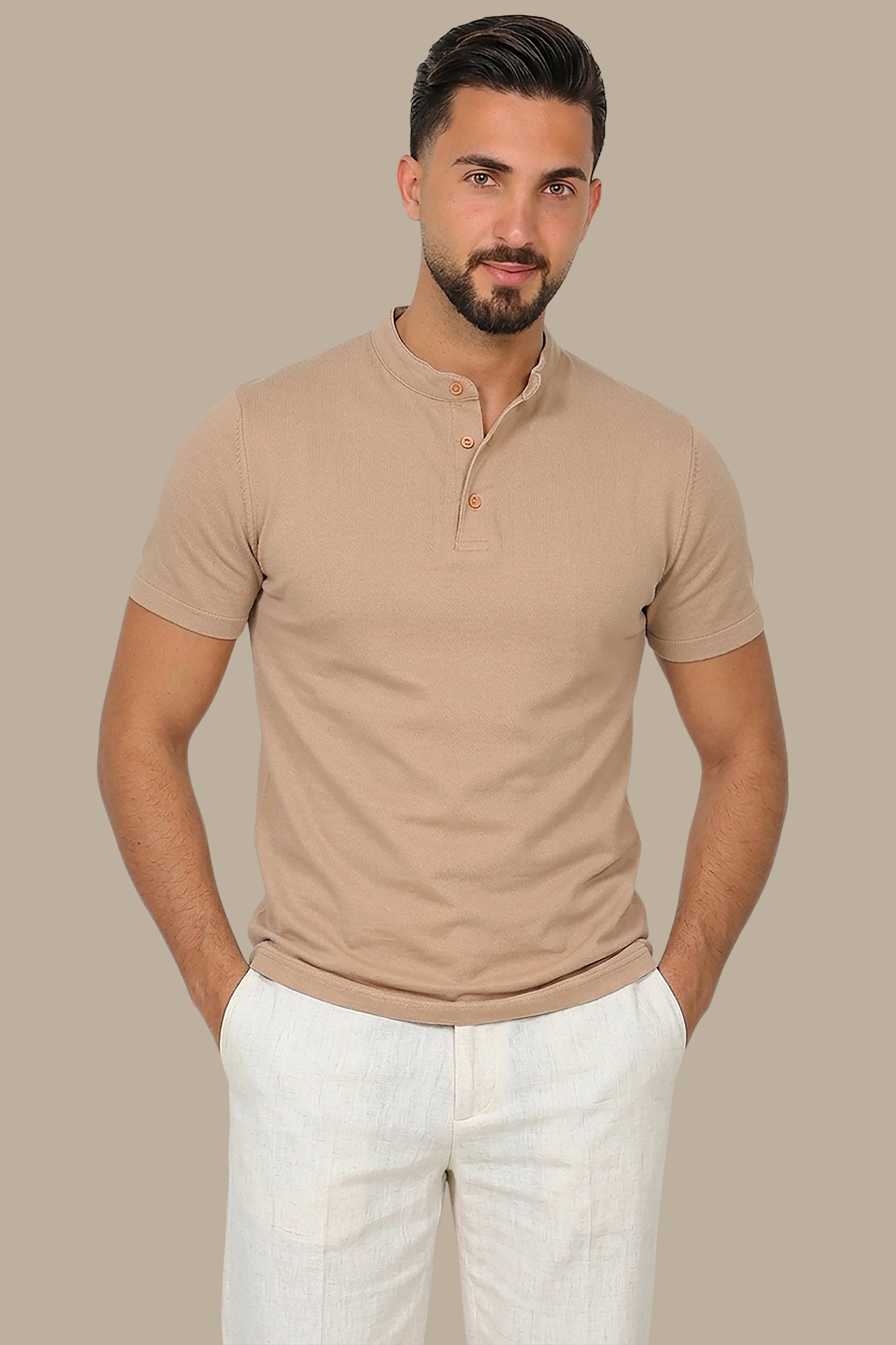 Beige Basic Polo Shirt with Mao Collar