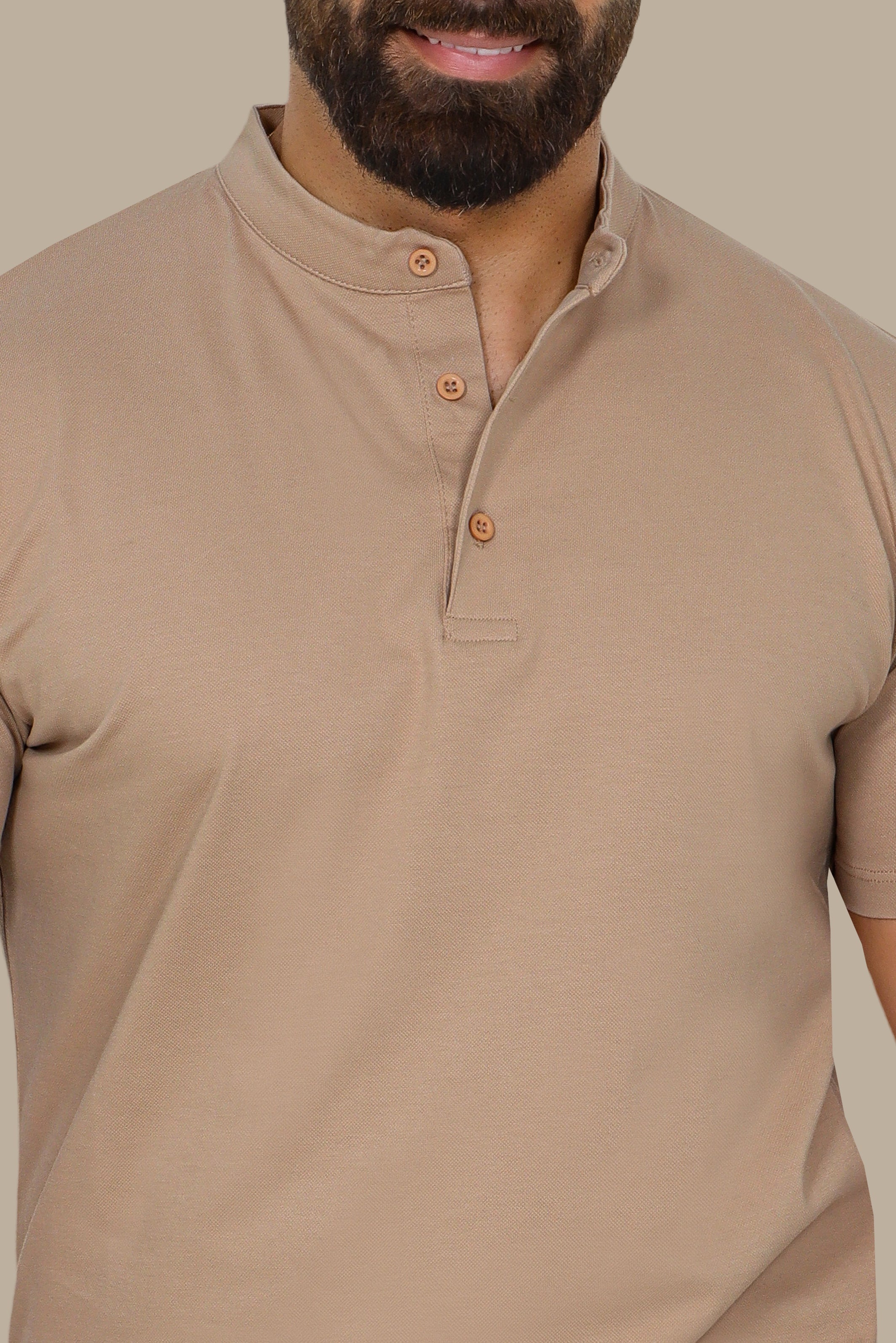 Beige Basic Polo Shirt with Mao Collar
