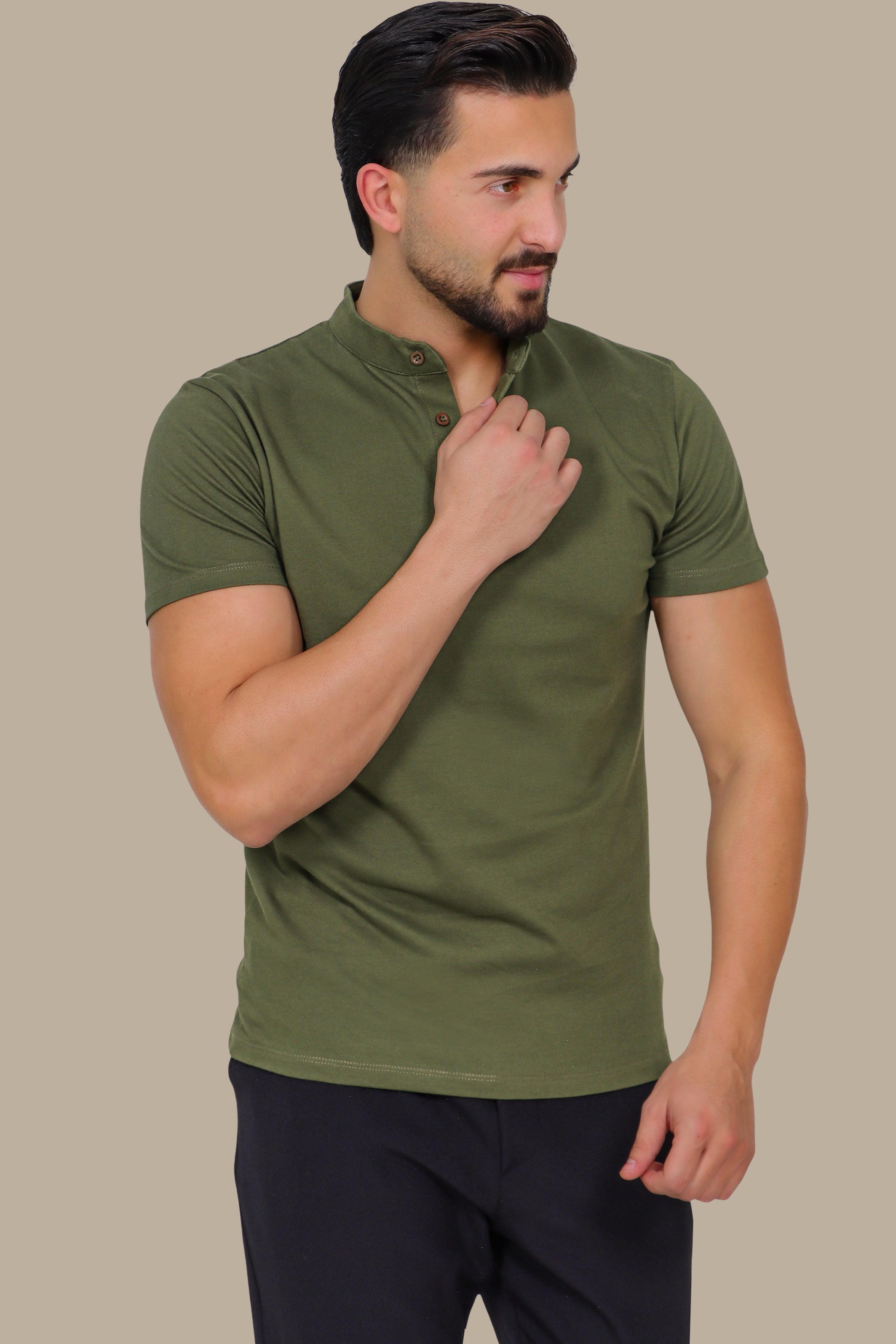 Khaki Basic Mao Collar Polo