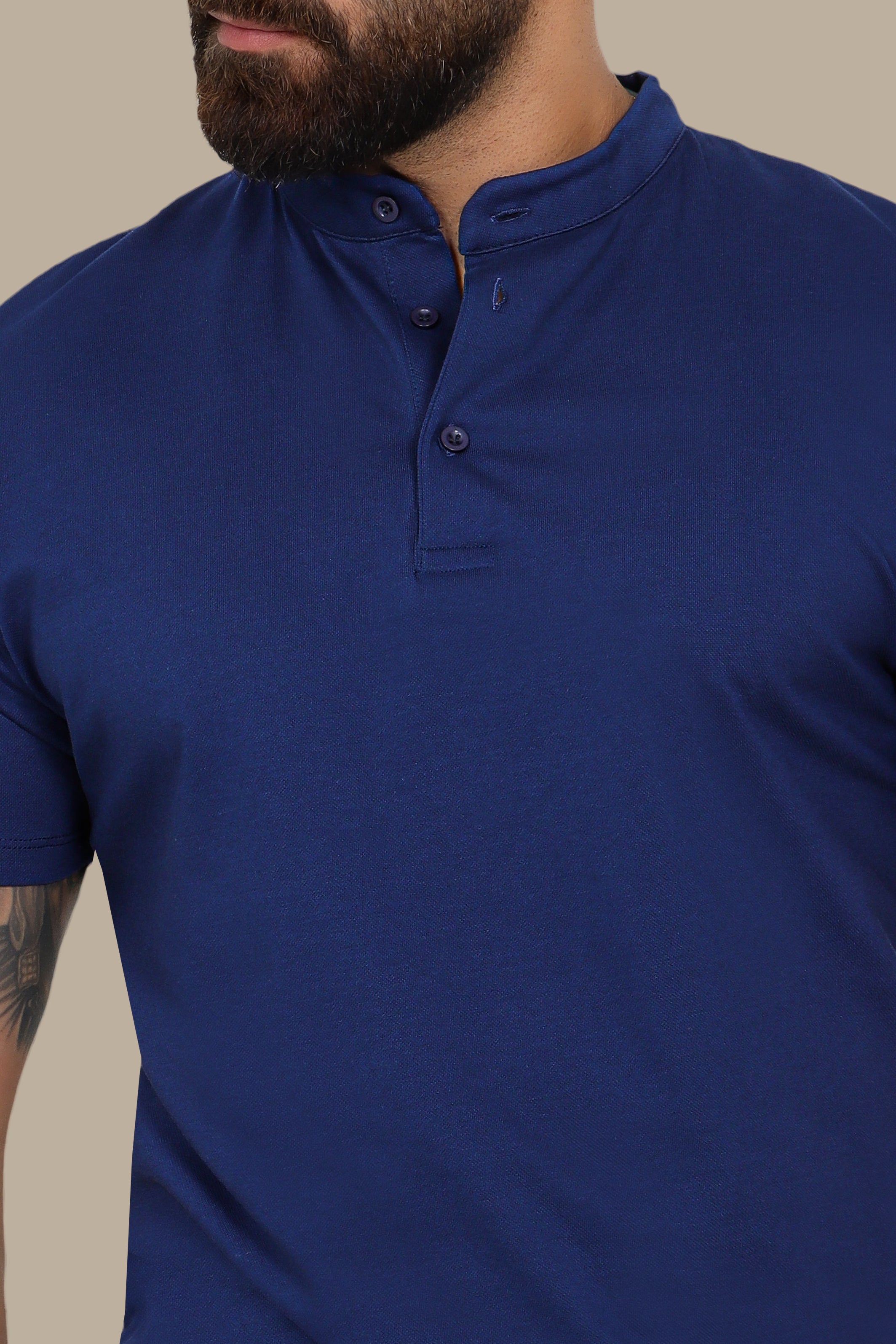 Navy Basic Polo Shirt with Mao Collar