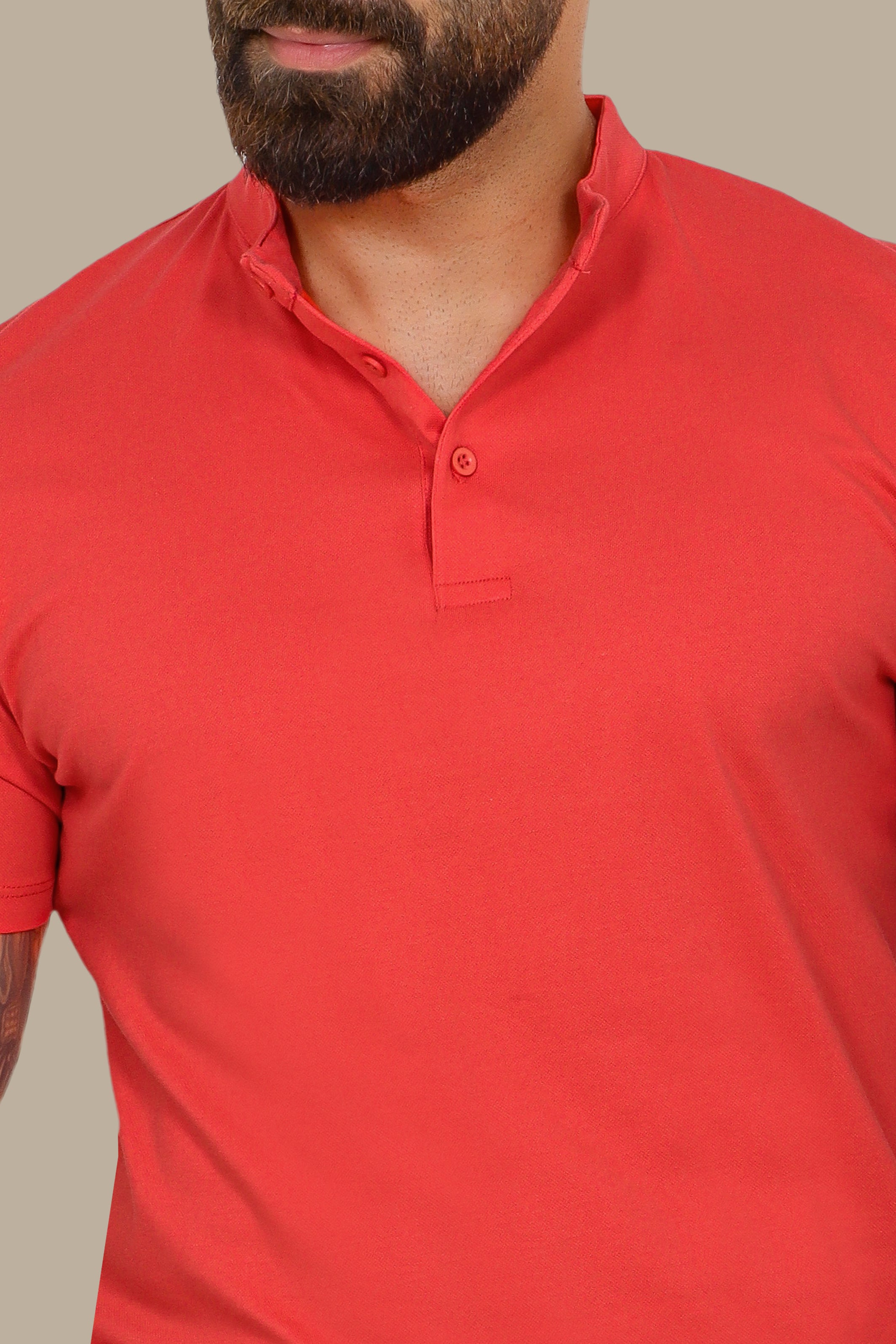 Coral Basic Polo Shirt with Mao Collar