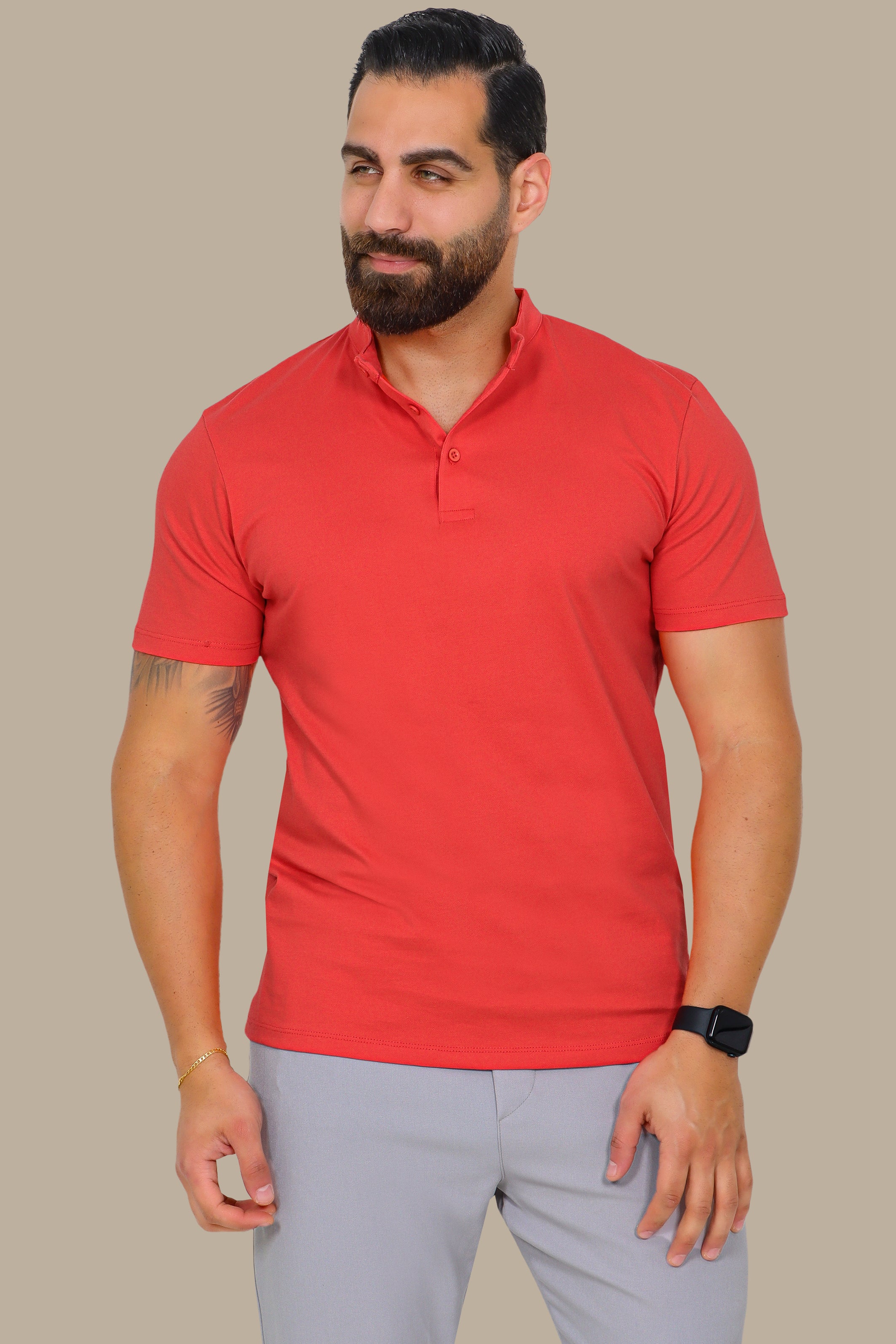 Coral Basic Polo Shirt with Mao Collar