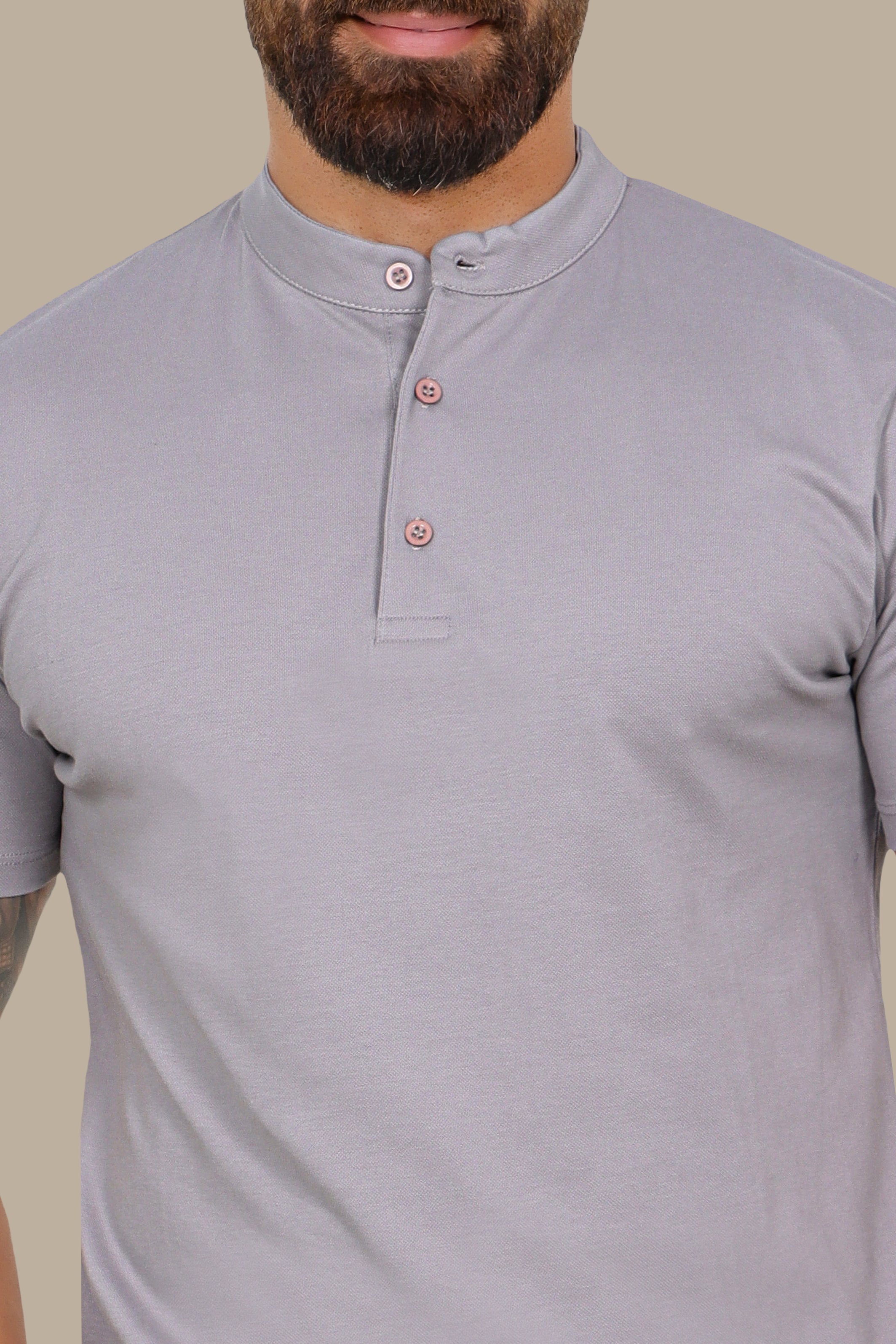 Grey Basic Polo Shirt with Mao Collar