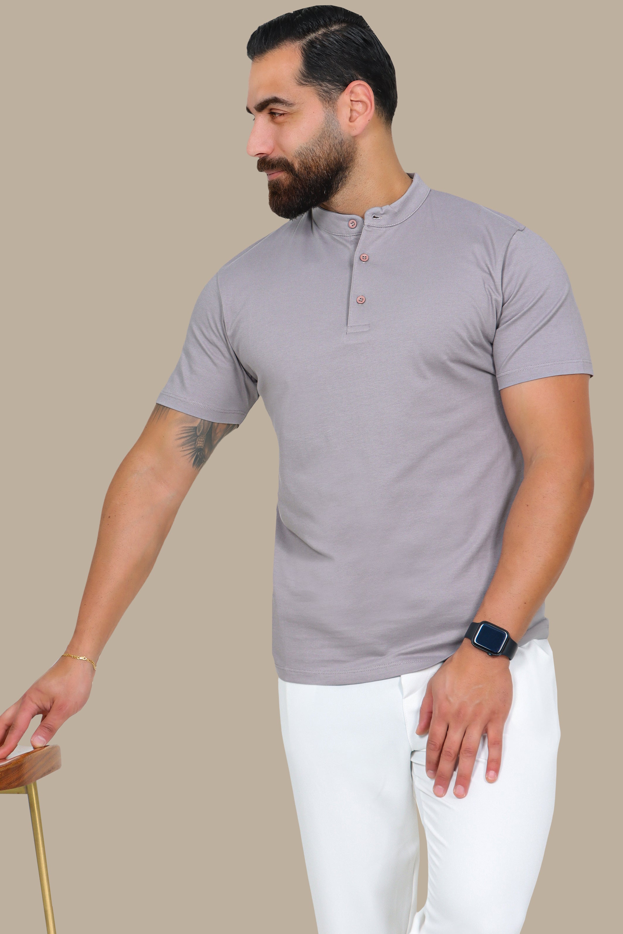 Grey Basic Polo Shirt with Mao Collar