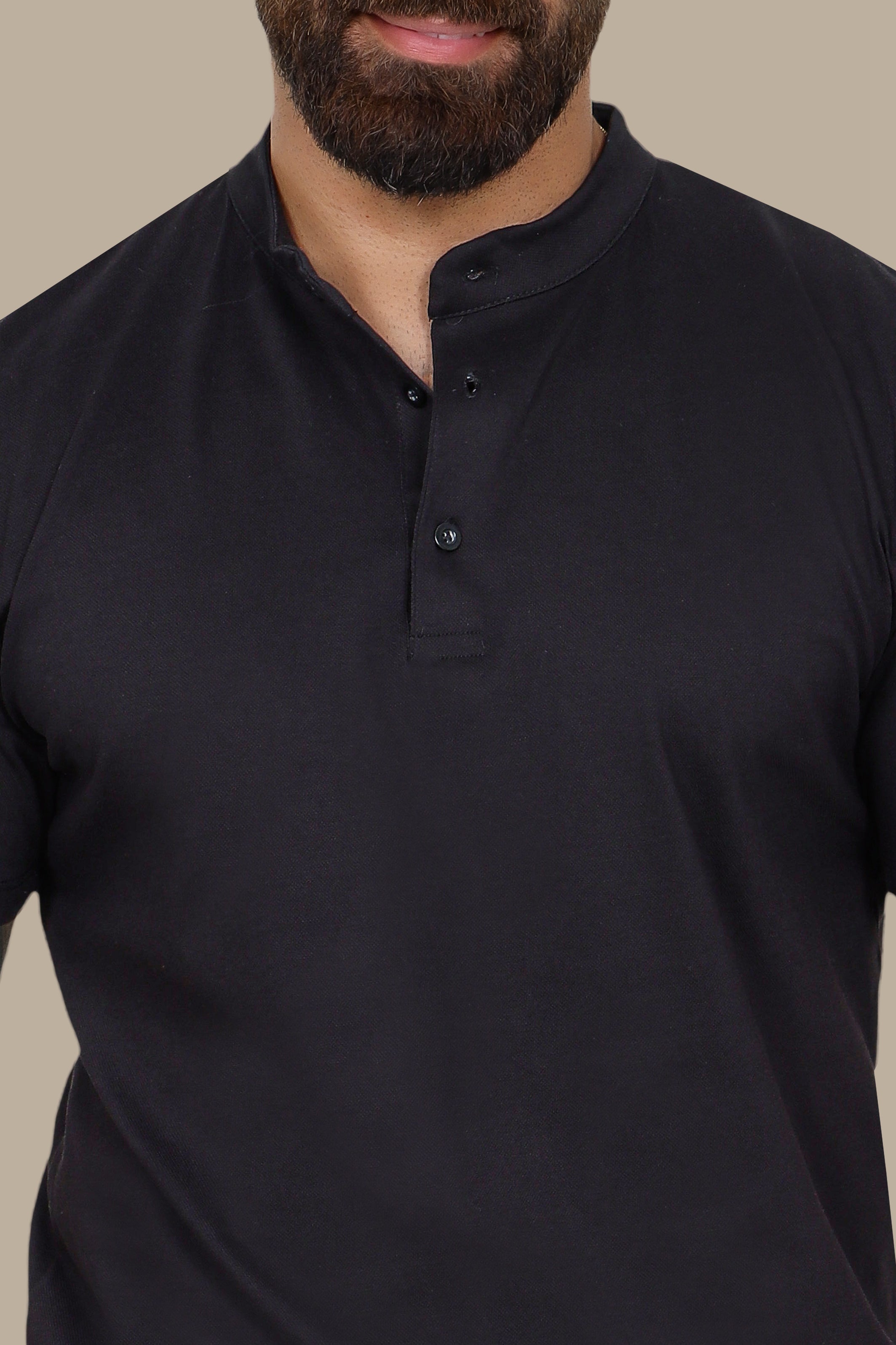 Black Basic Polo Shirt with Mao Collar
