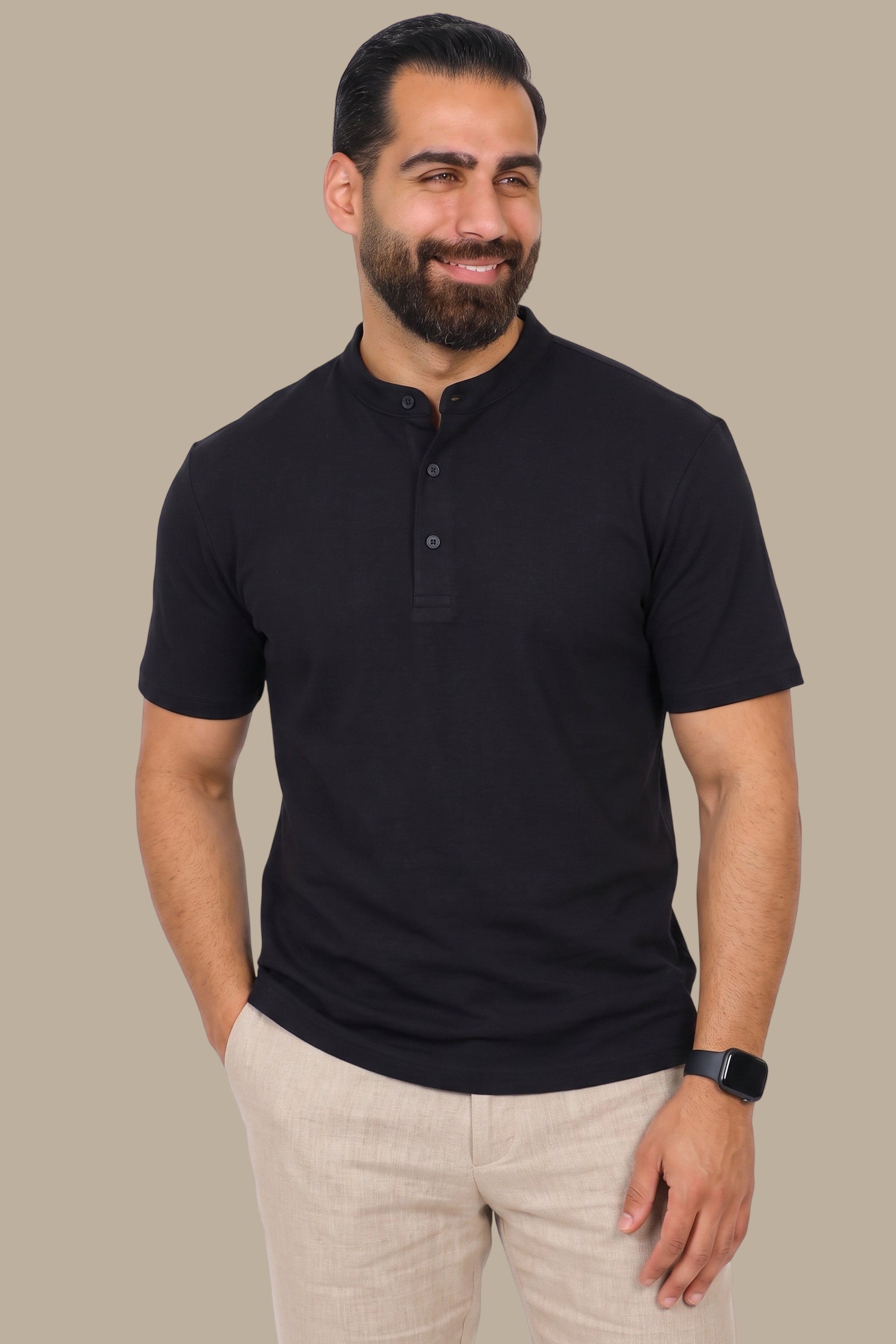 Black Basic Polo Shirt with Mao Collar