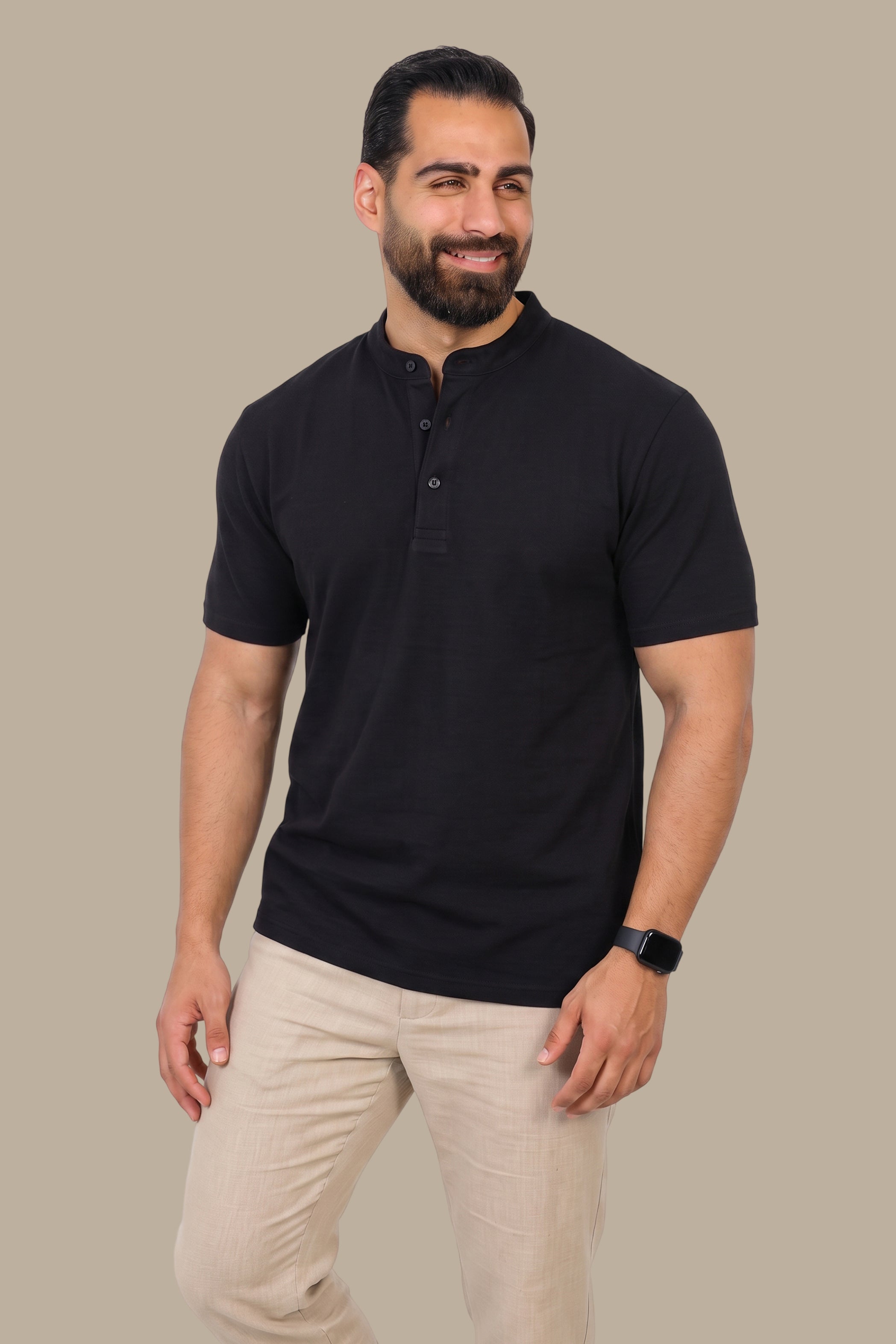 Black Basic Polo Shirt with Mao Collar