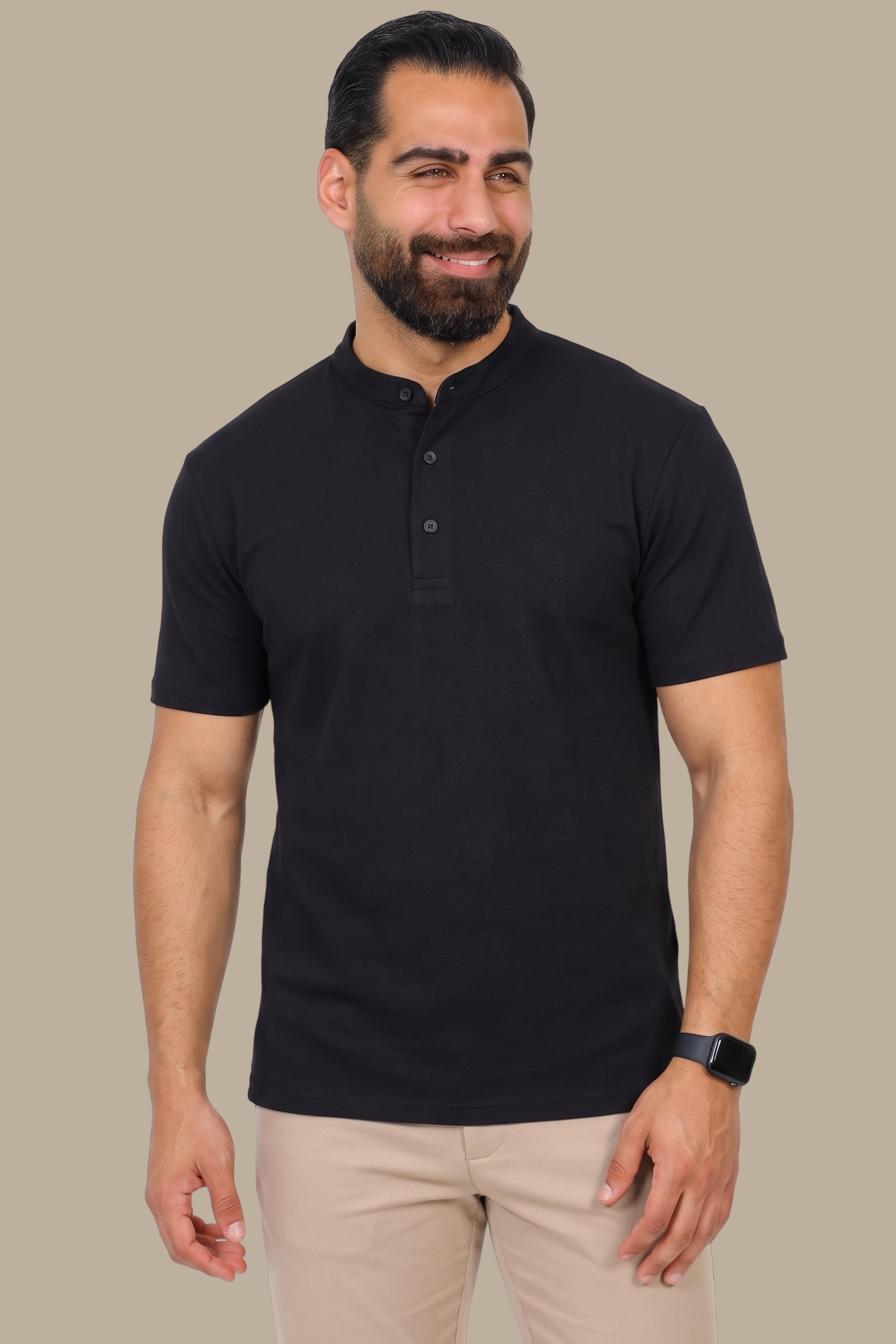 Black Basic Polo Shirt with Mao Collar