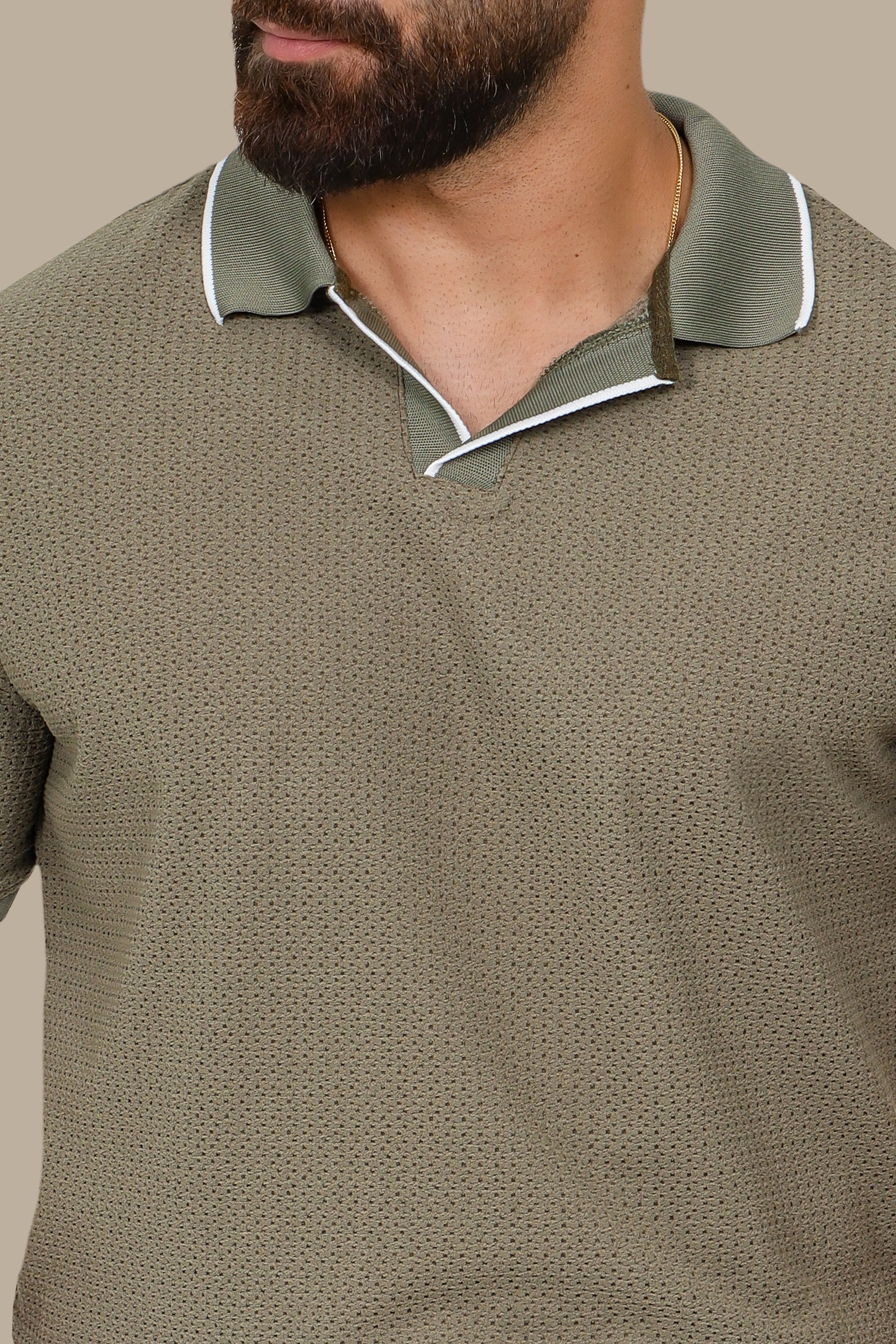 Olive V-Neck Polo Shirt in Breathable Fabric