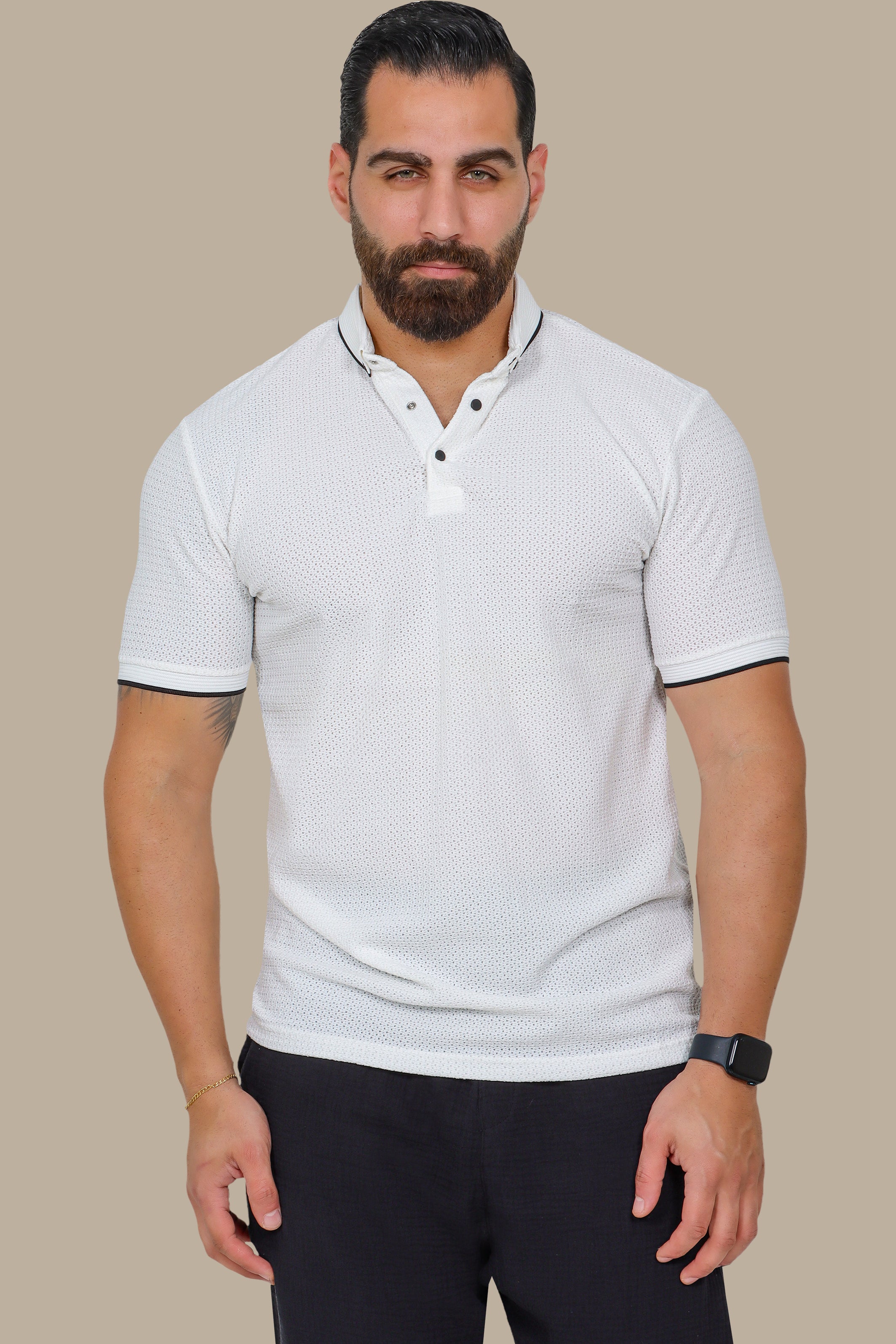 White Button-Down Polo Shirt in Breathable Fabric