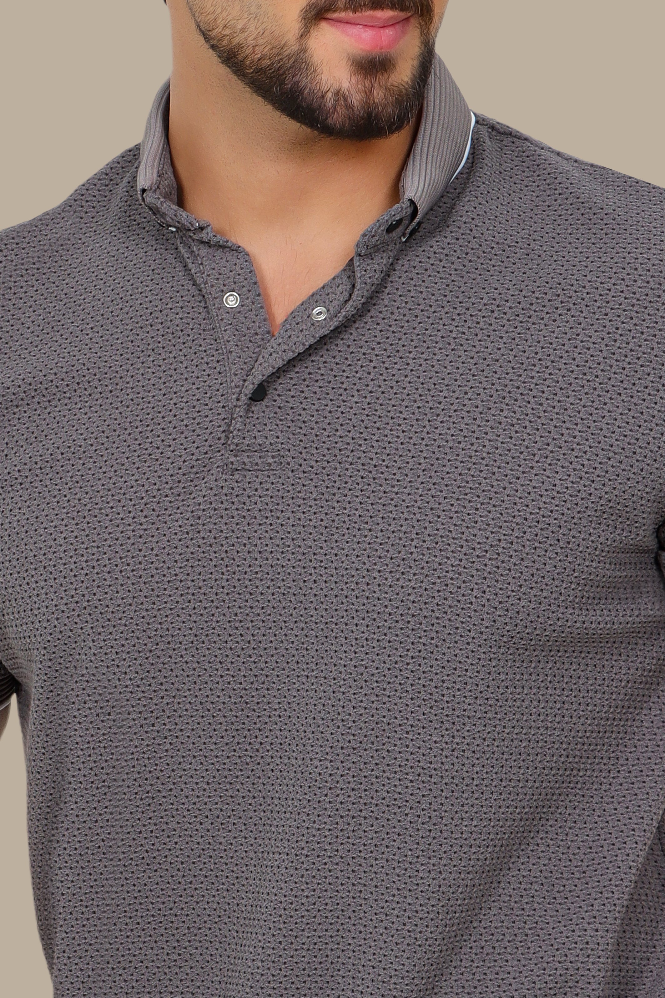 Grey Breathable Fabric Short Sleeve Polo with Button Down