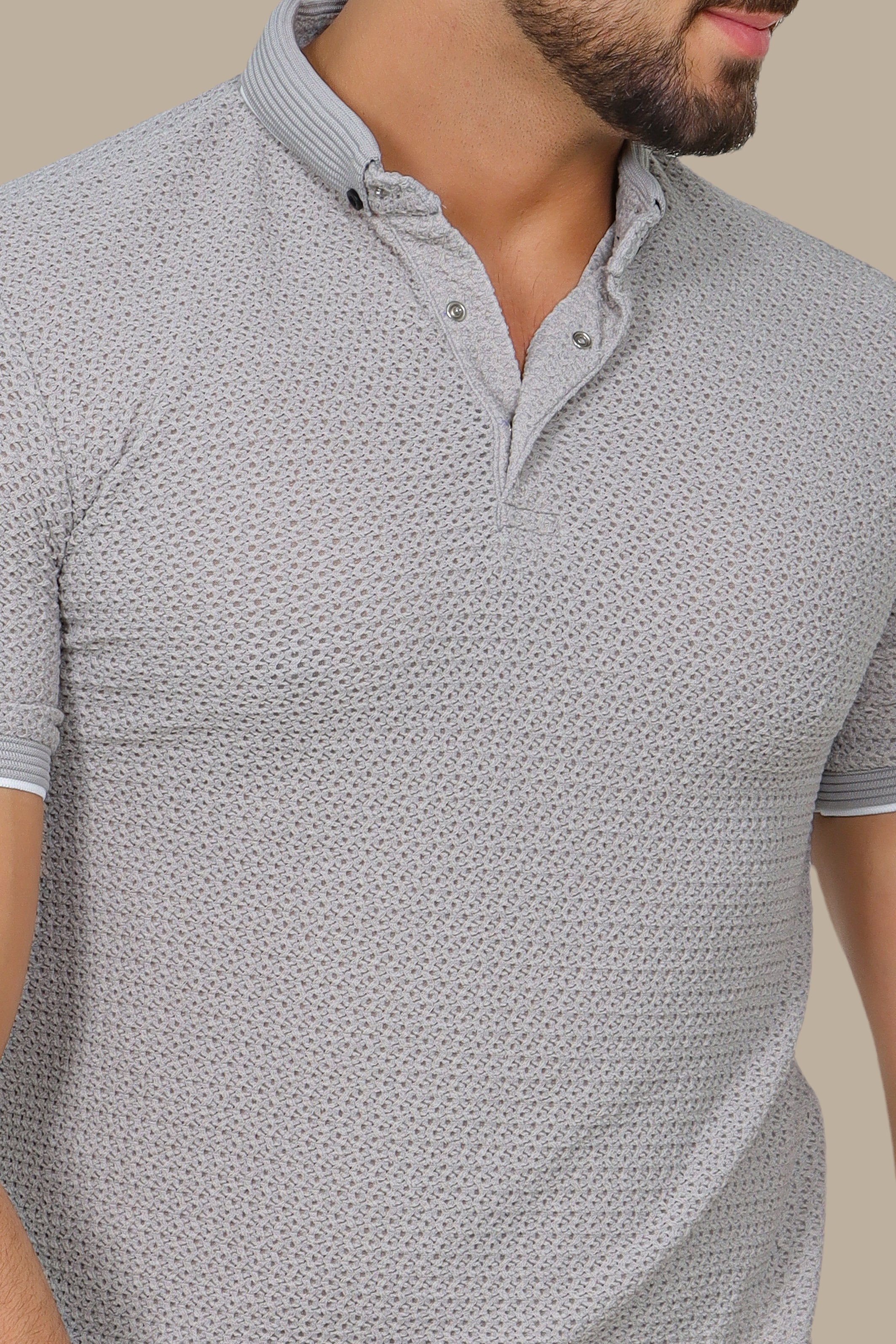 Light Gray Breathable Fabric Short Sleeve Polo with Button Down