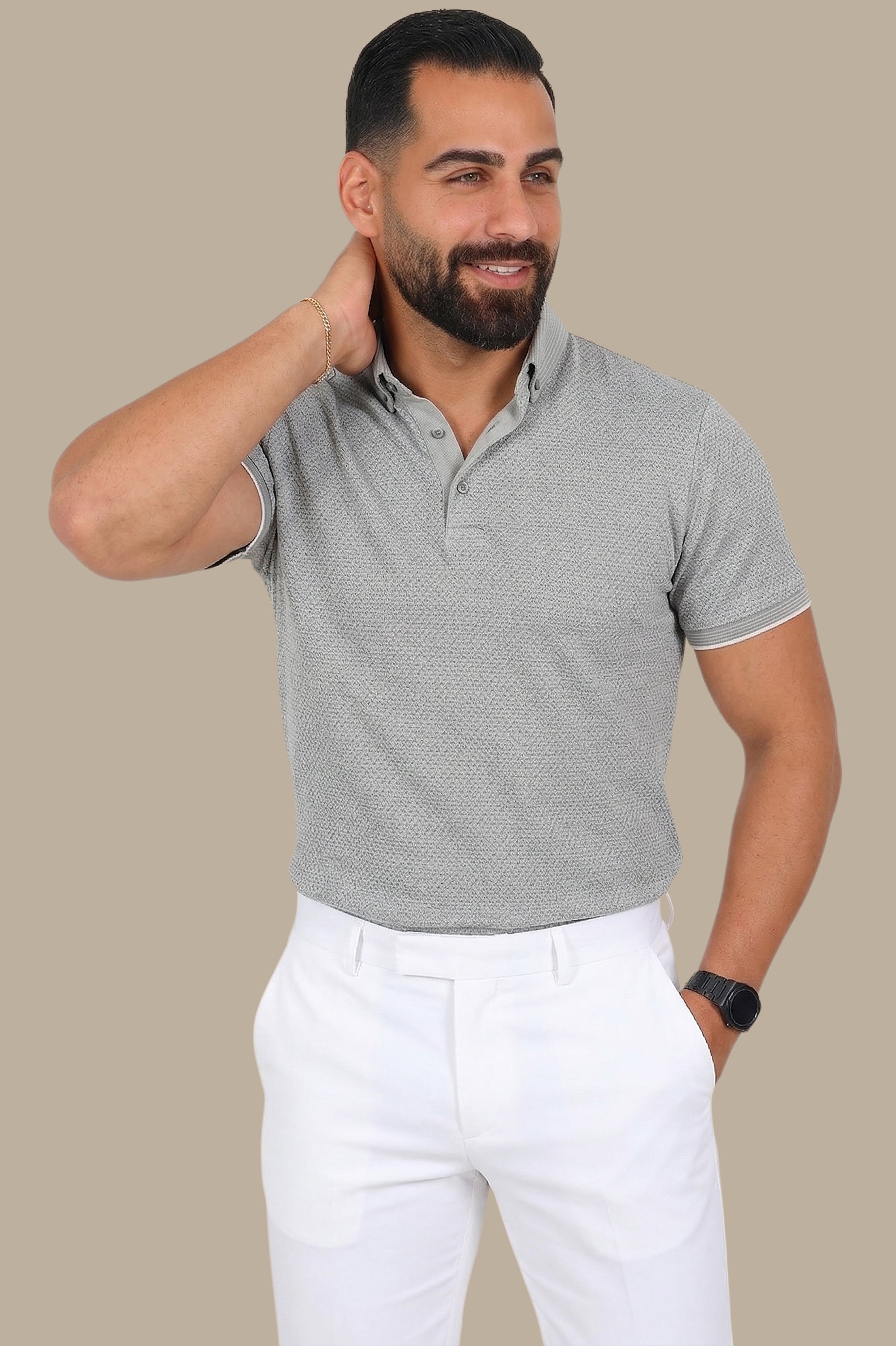 Light Gray Breathable Fabric Short Sleeve Polo with Button Down