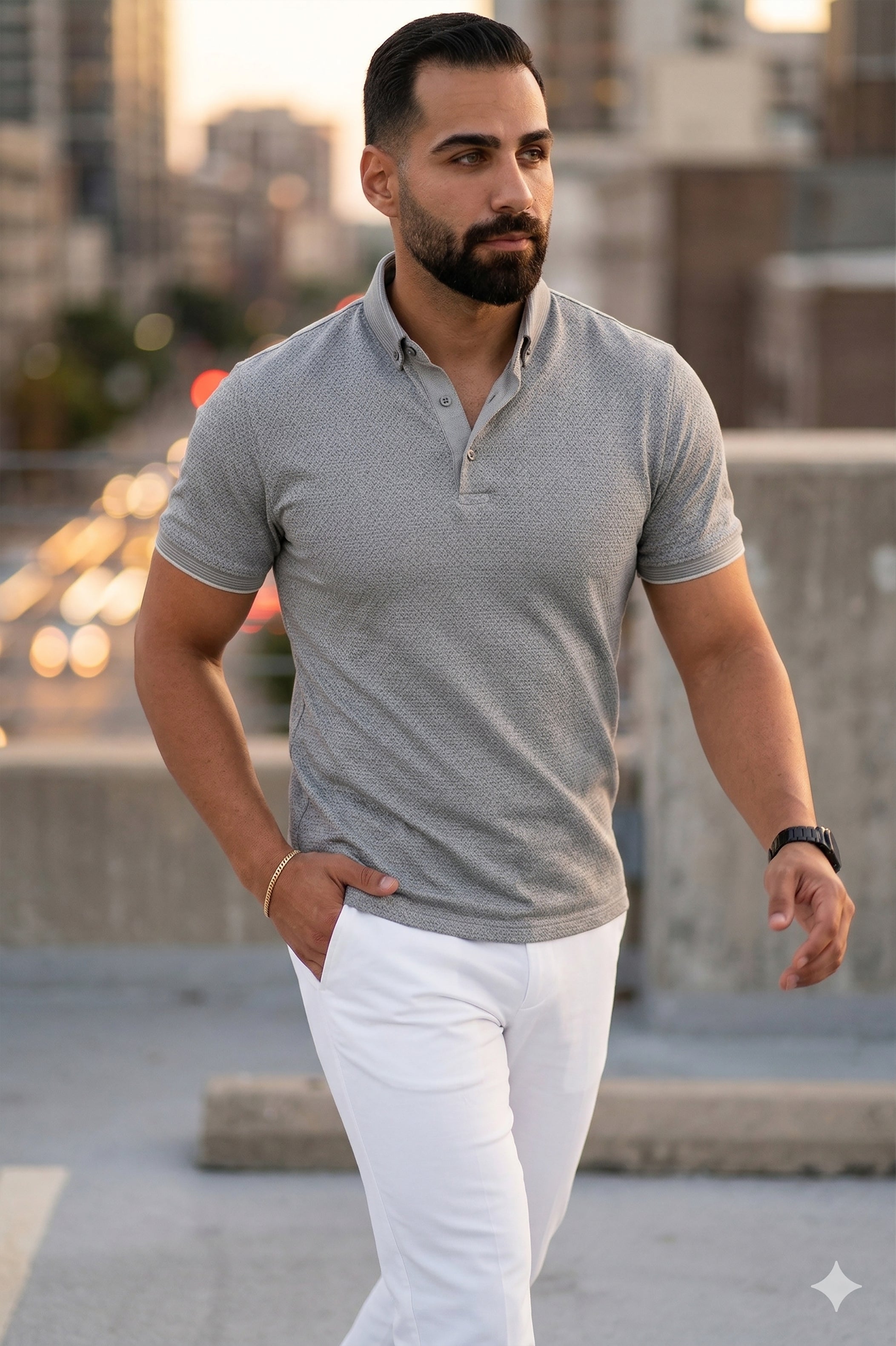 Light Gray Breathable Fabric Short Sleeve Polo with Button Down