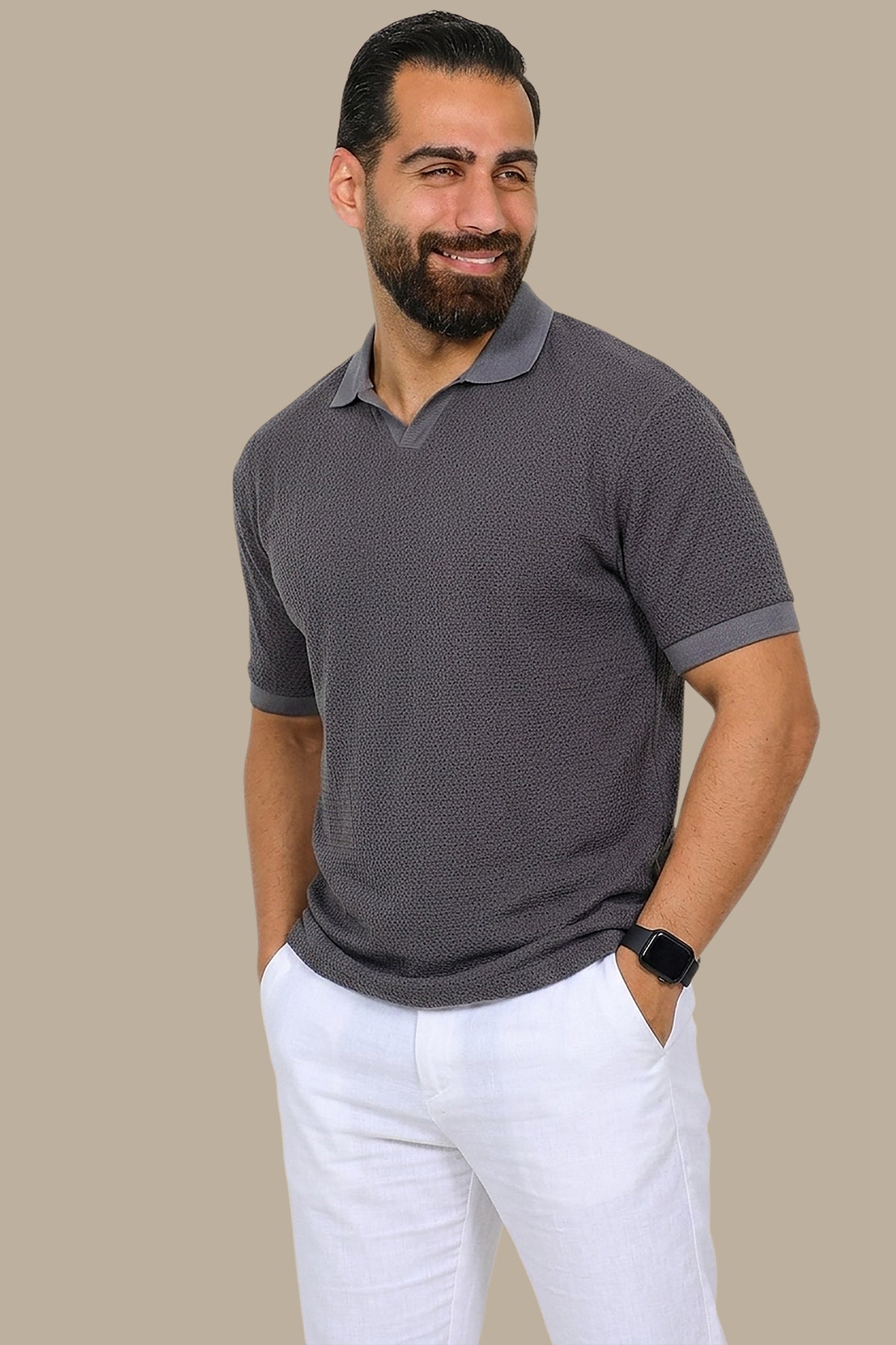 Grey V-Neck Polo – Breathable Fabric