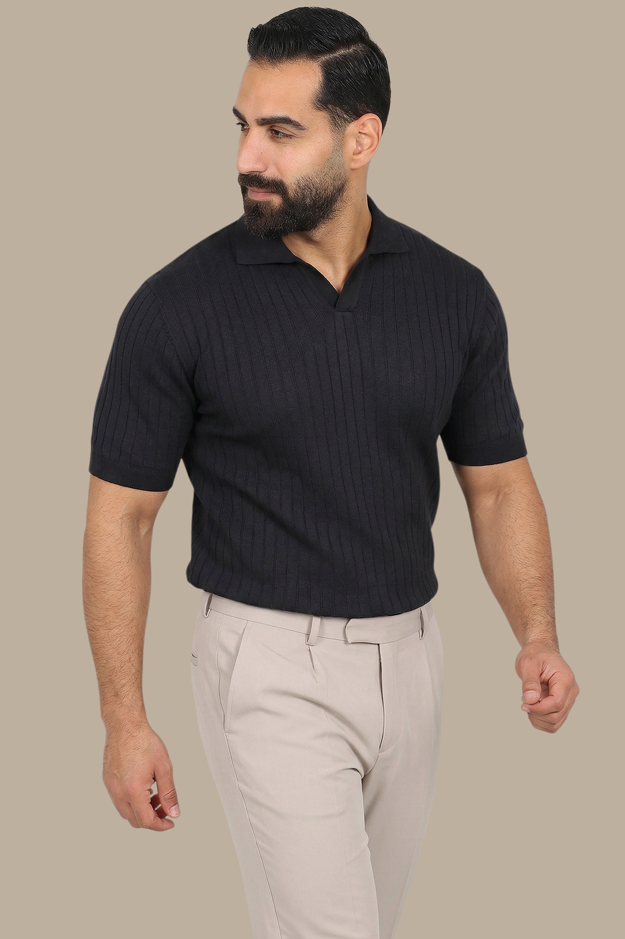Black Mercerized Ribbed Polo