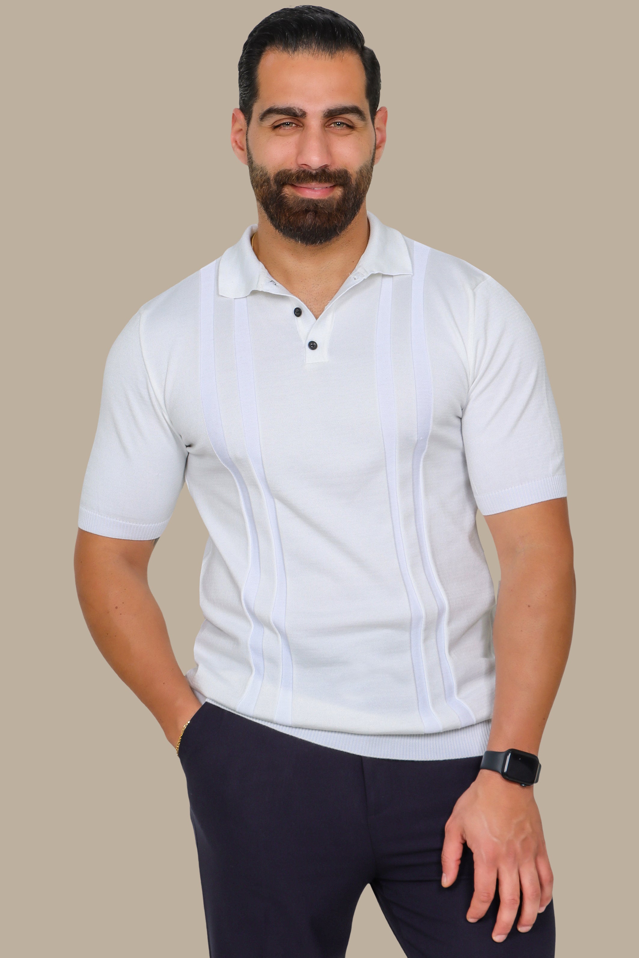 White Mercerized Polo with Two-Line Design