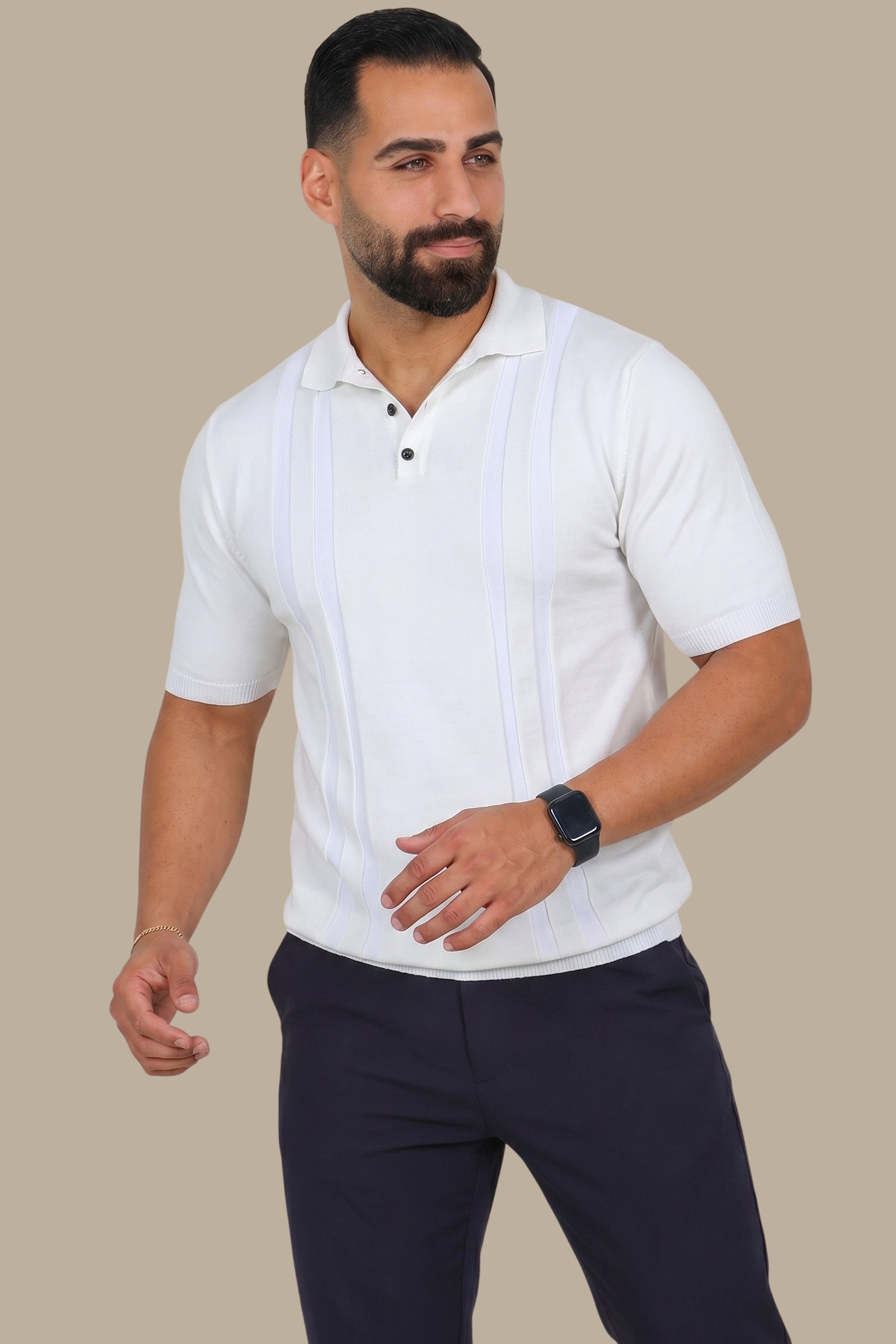 White Mercerized Polo with Two-Line Design