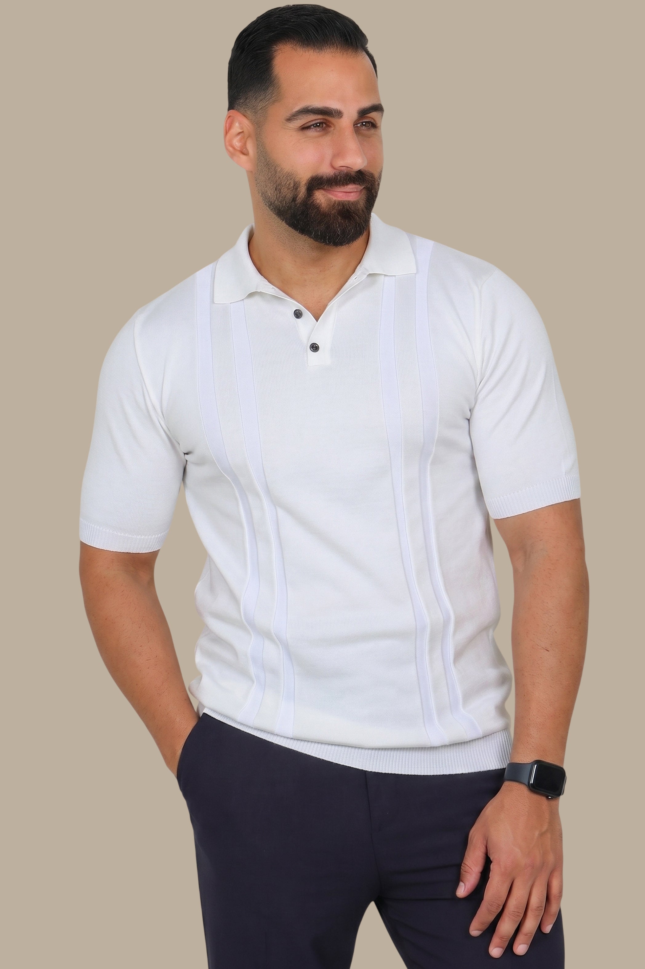 White Mercerized Polo with Two-Line Design