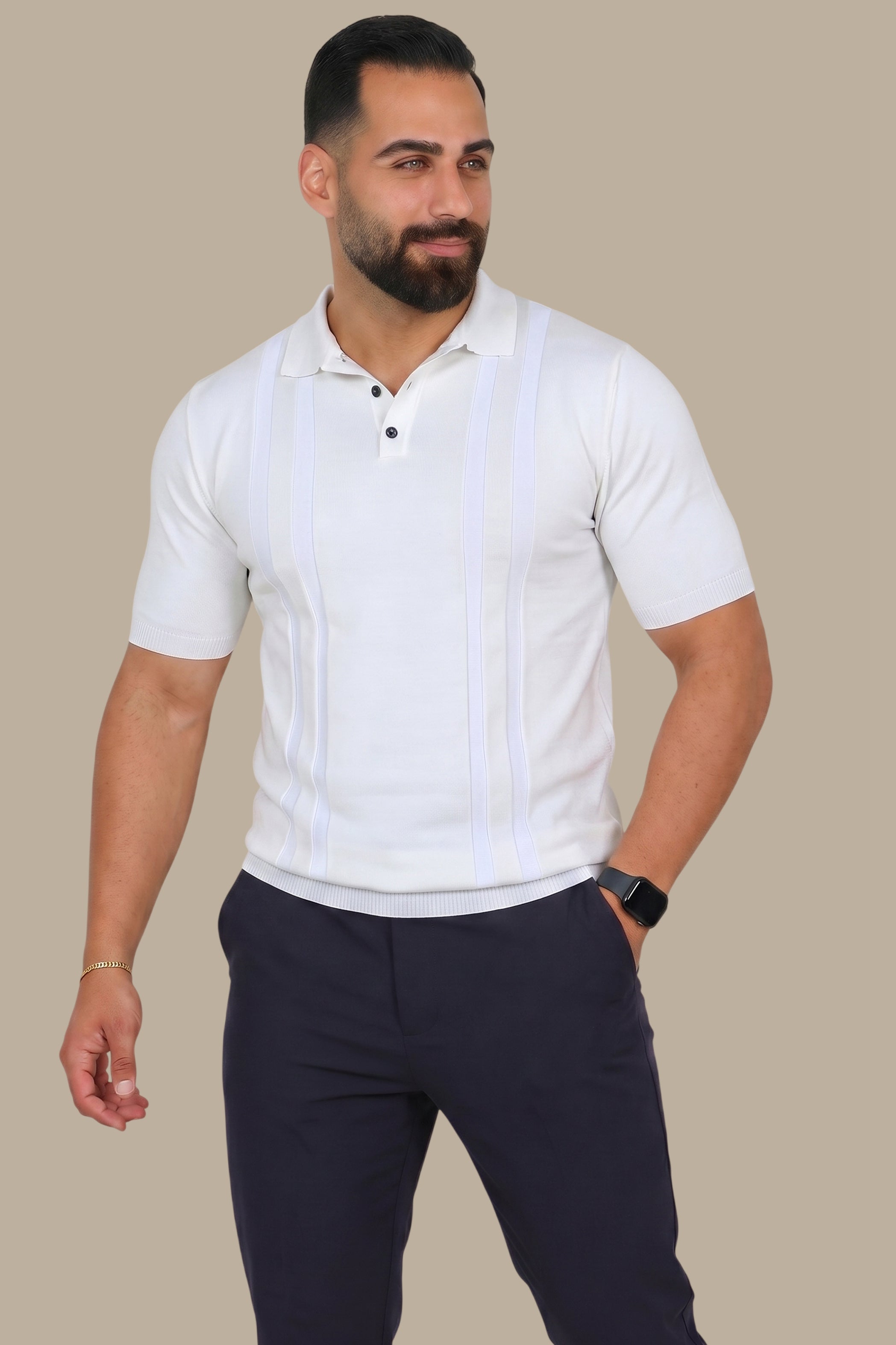 White Mercerized Polo with Two-Line Design