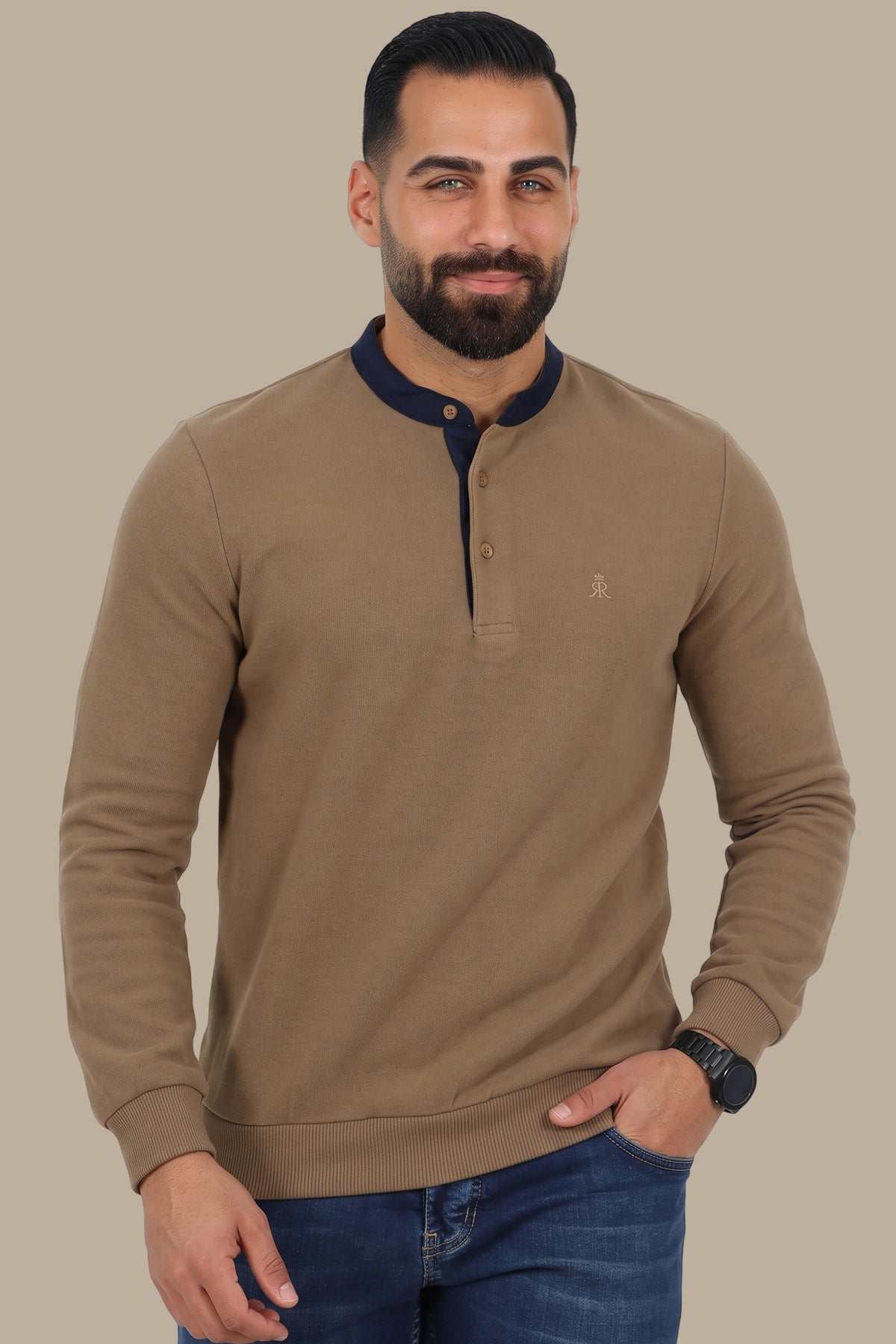 Long-Sleeve Mao Collar Velvet Polo with Brim in