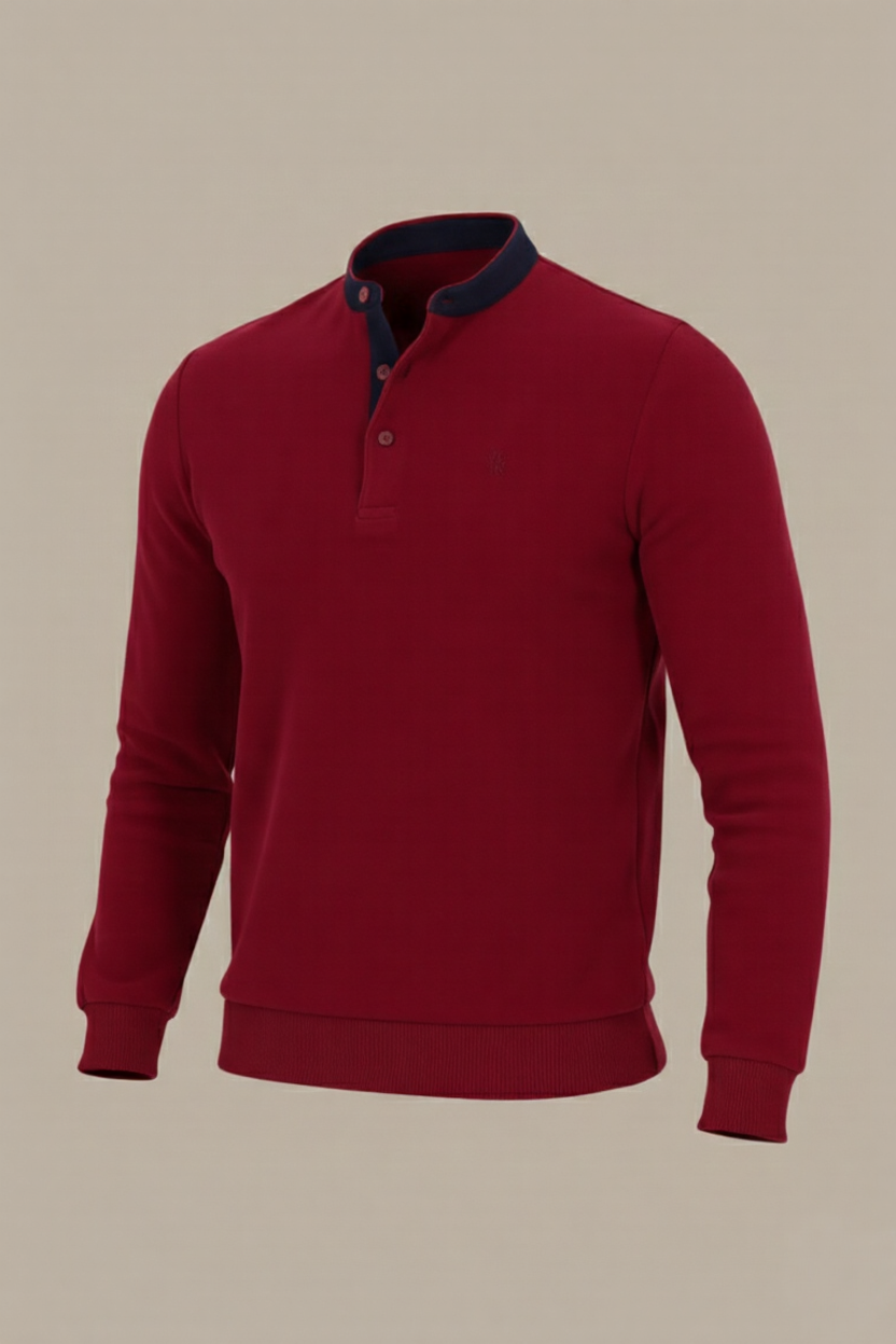 Long-Sleeve Mao Collar Velvet Polo with Brim in Burgundy