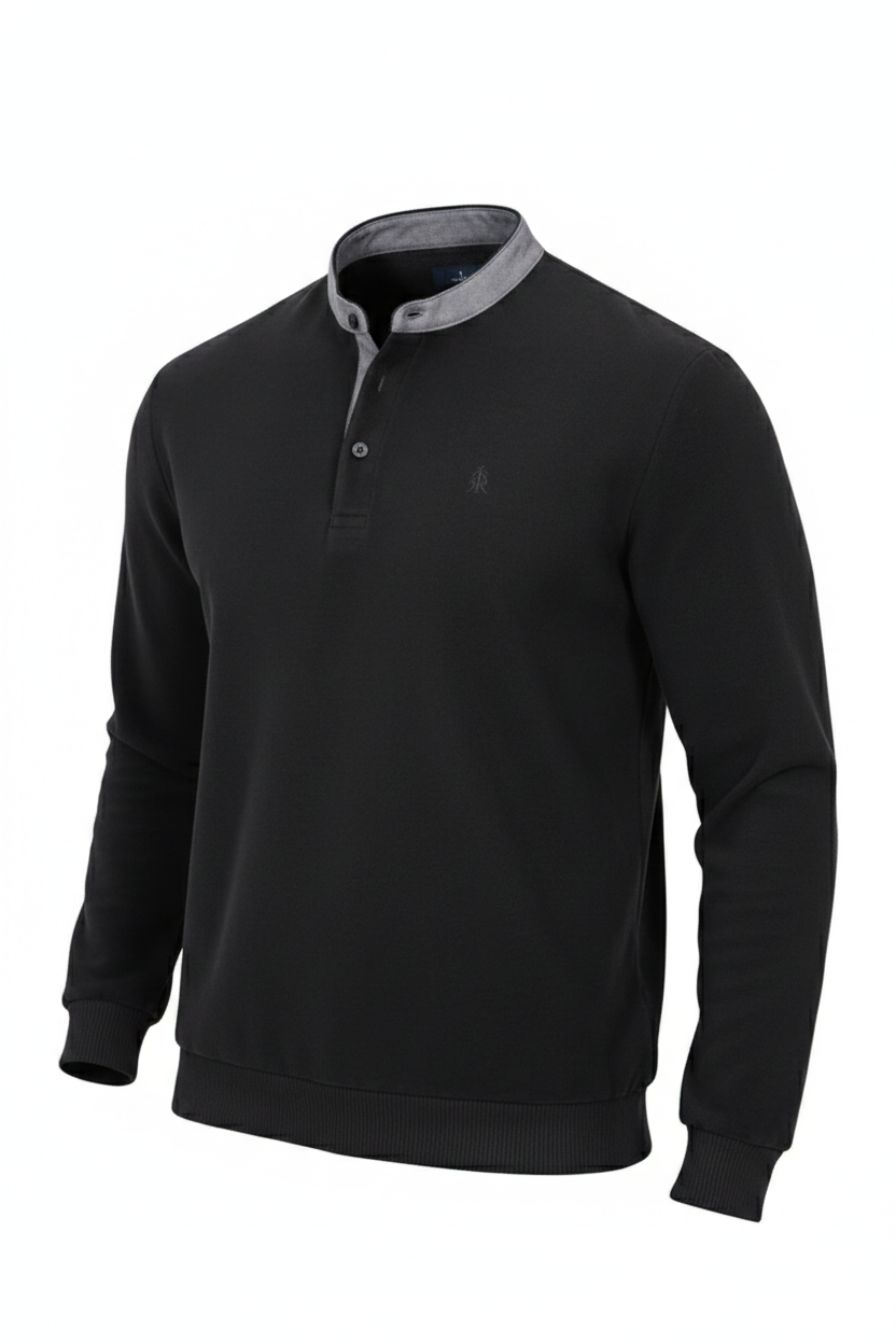 Velvet Long-Sleeve Polo with Col Mao – Black Brim
