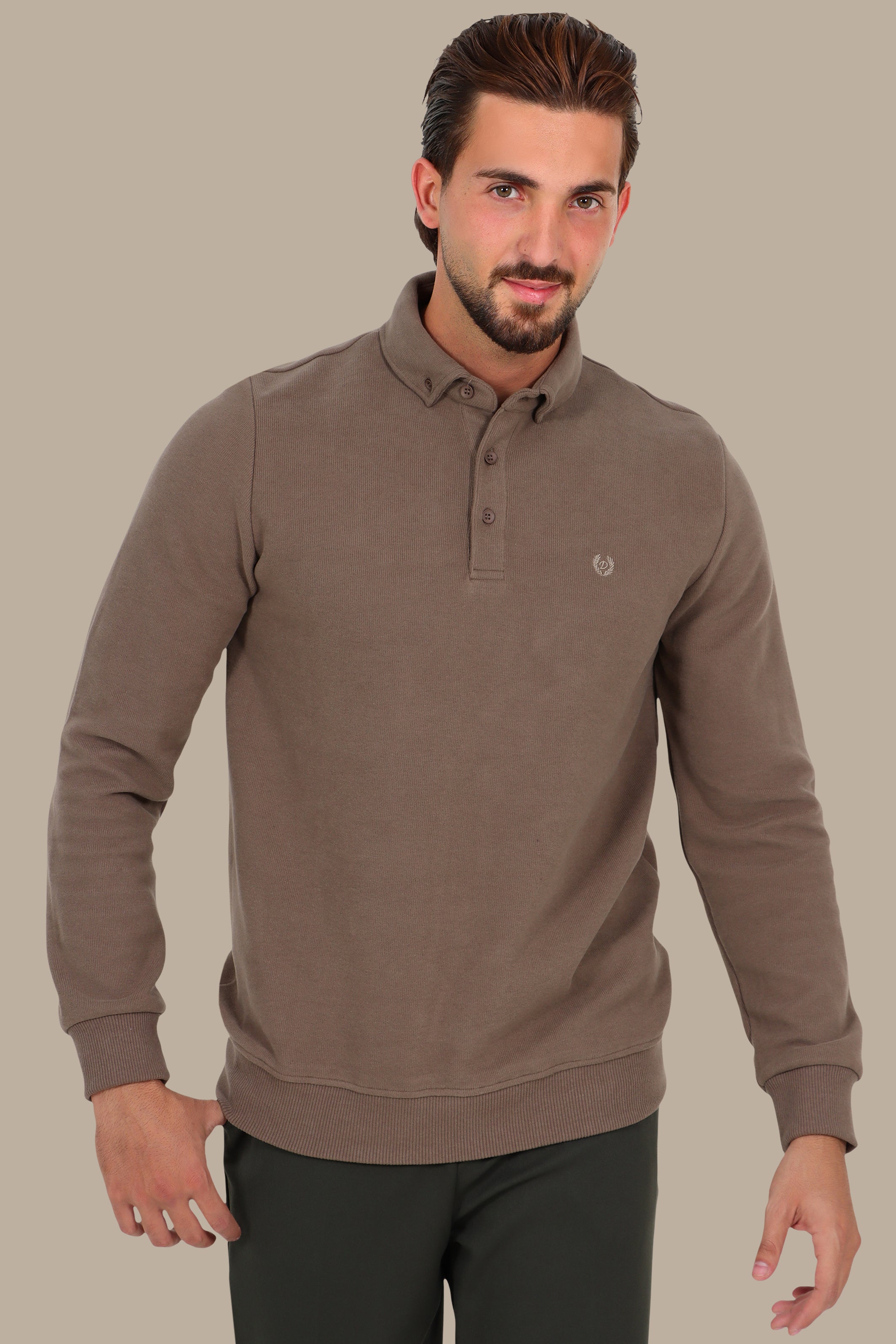 Velvet Polo with Button-Down Front in Beige
