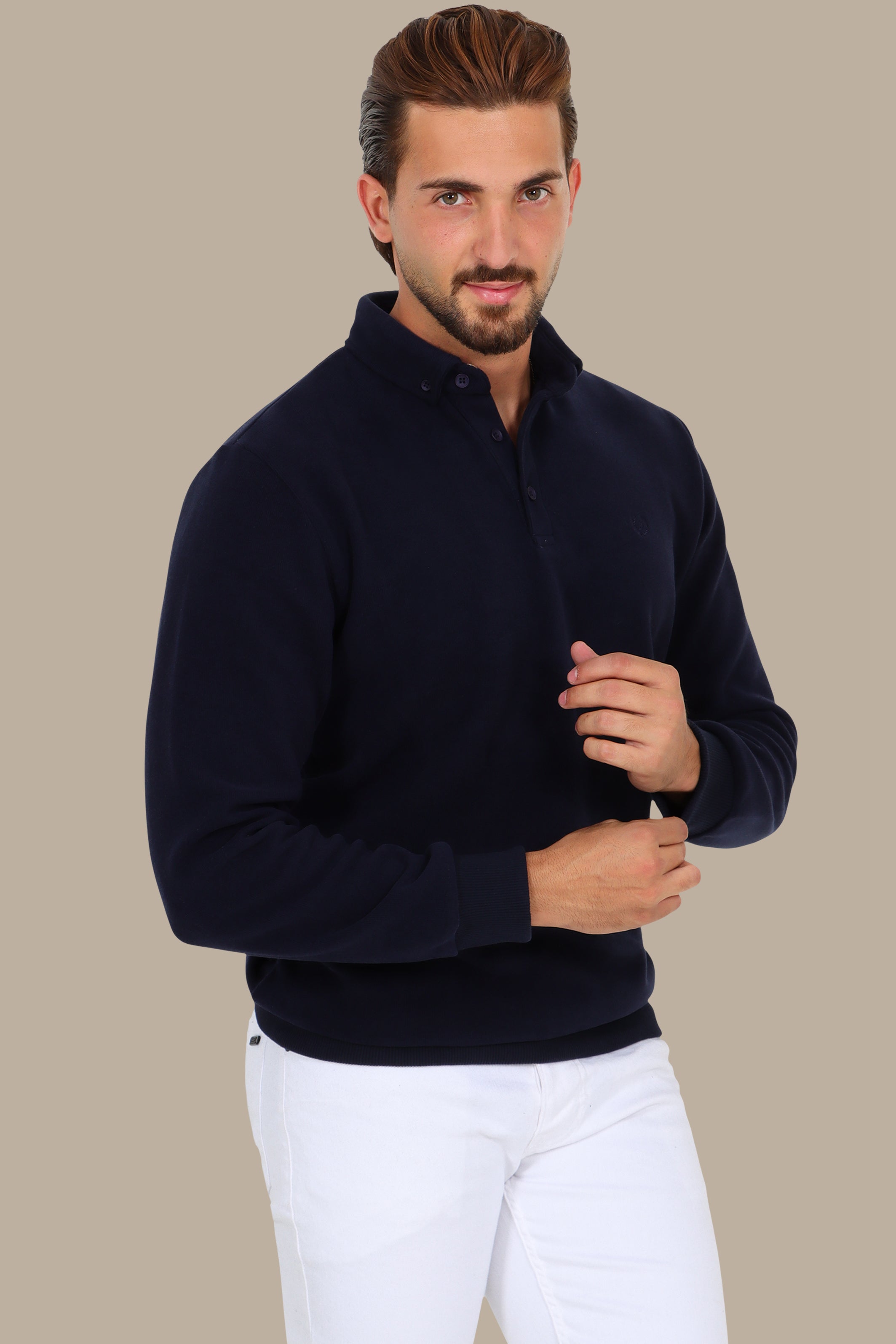 Velvet Button-Down Polo in Navy
