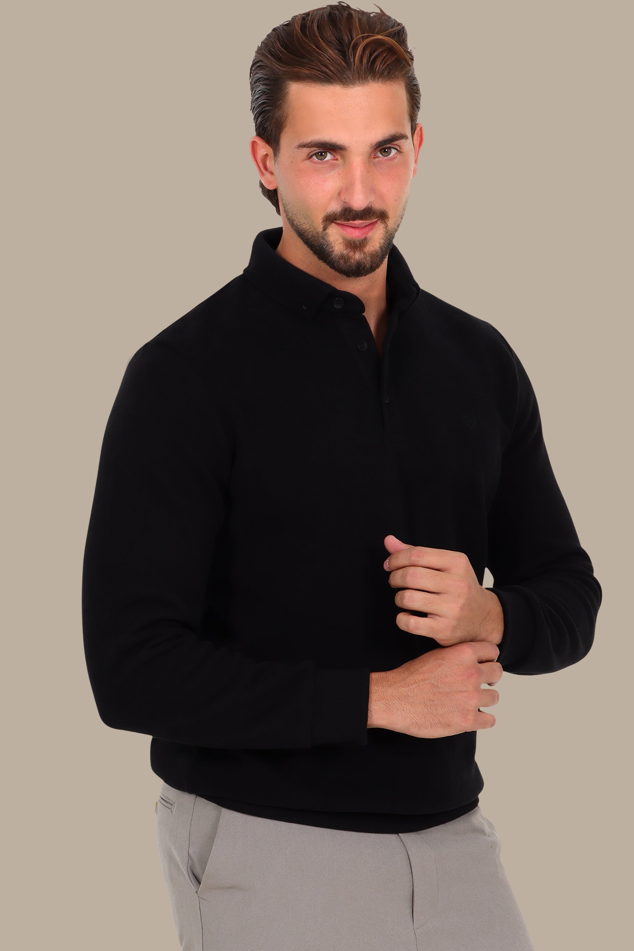 Velvet Polo with Button-Down Front in Black