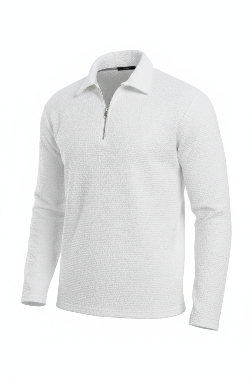 Long Sleeve Zipper Polo in Gofre Fabric White