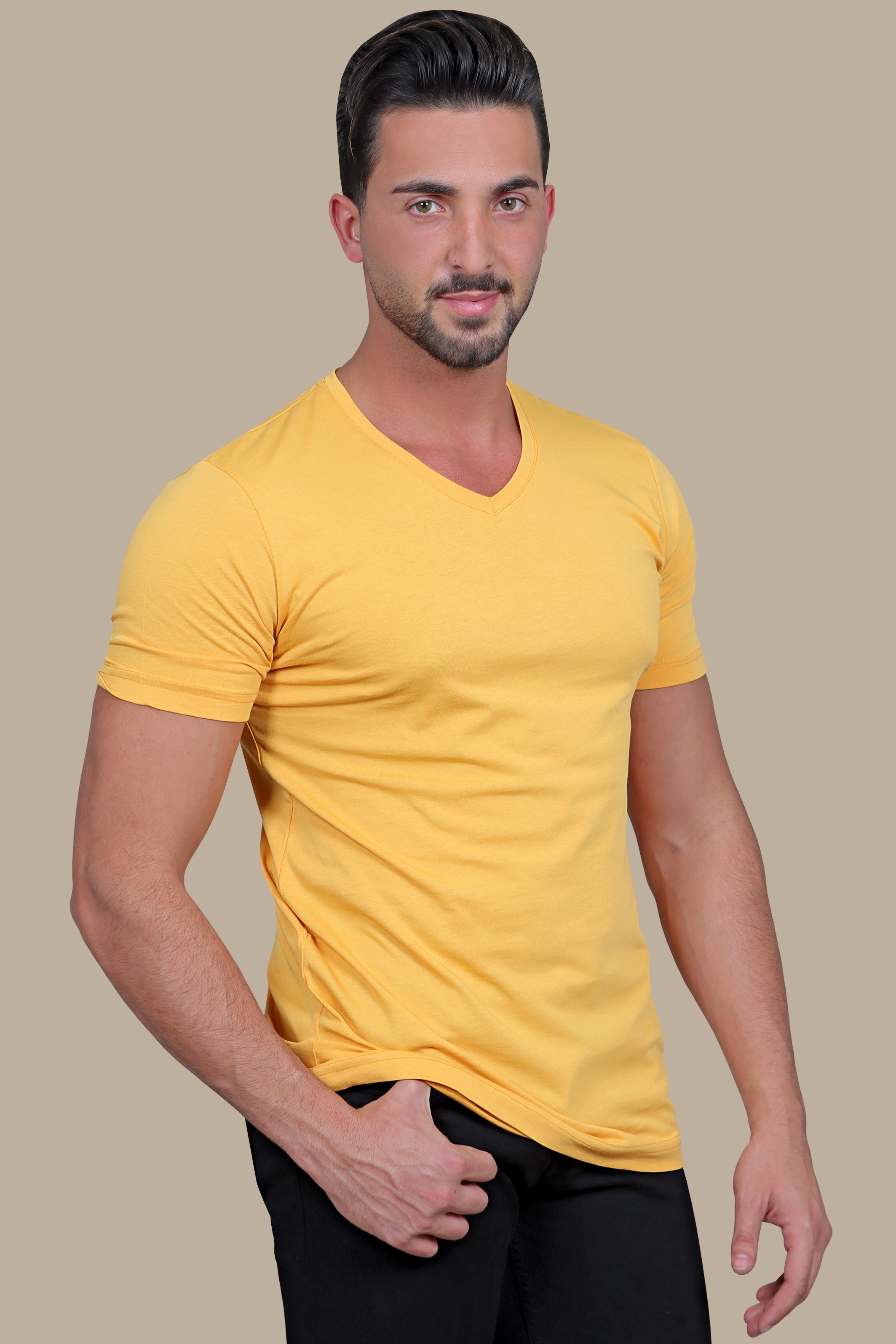 Sunny Glow: Yellow V-Neck Short Sleeve T-Shirt