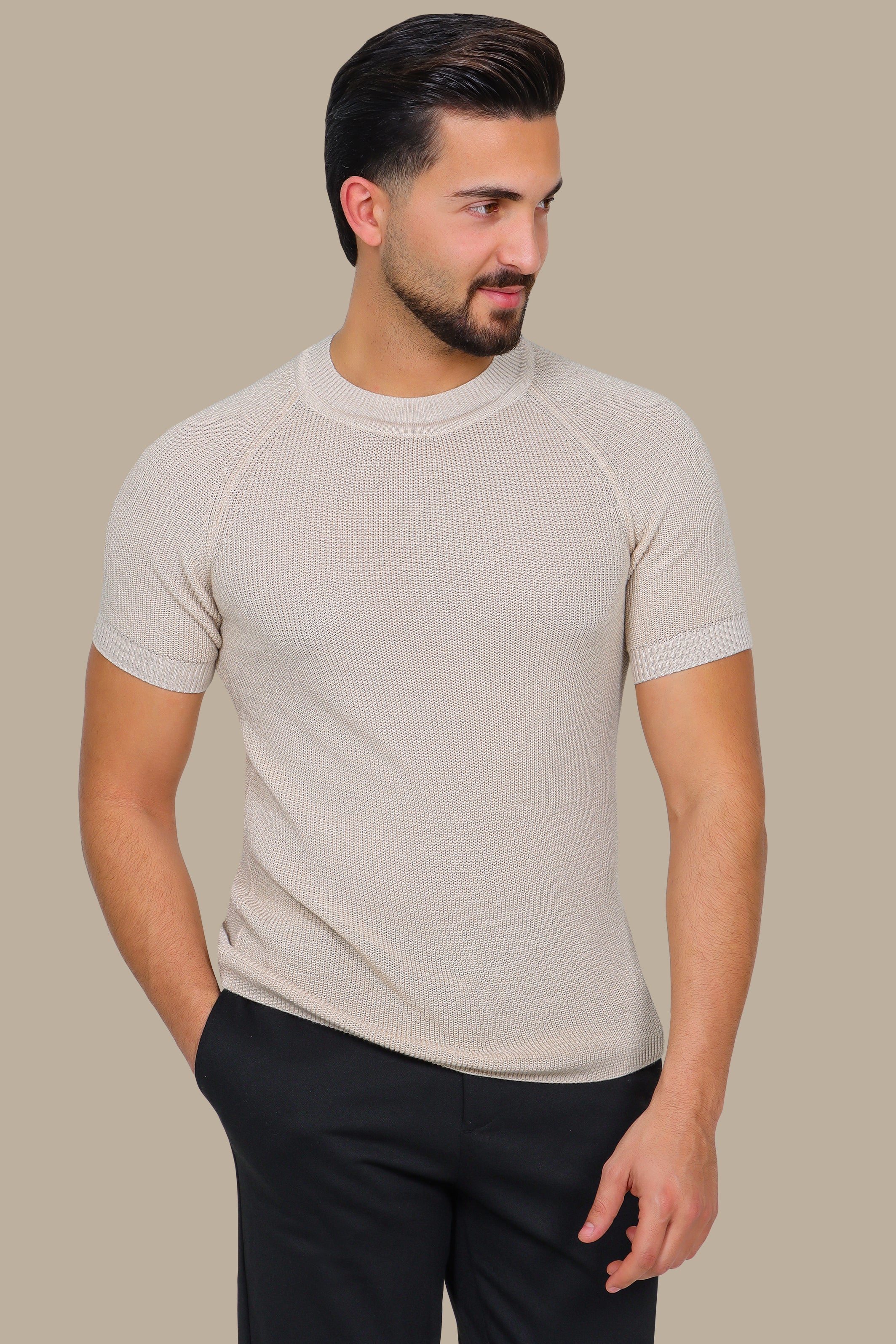 Beige Bliss: Knitted Round Neck T-Shirt