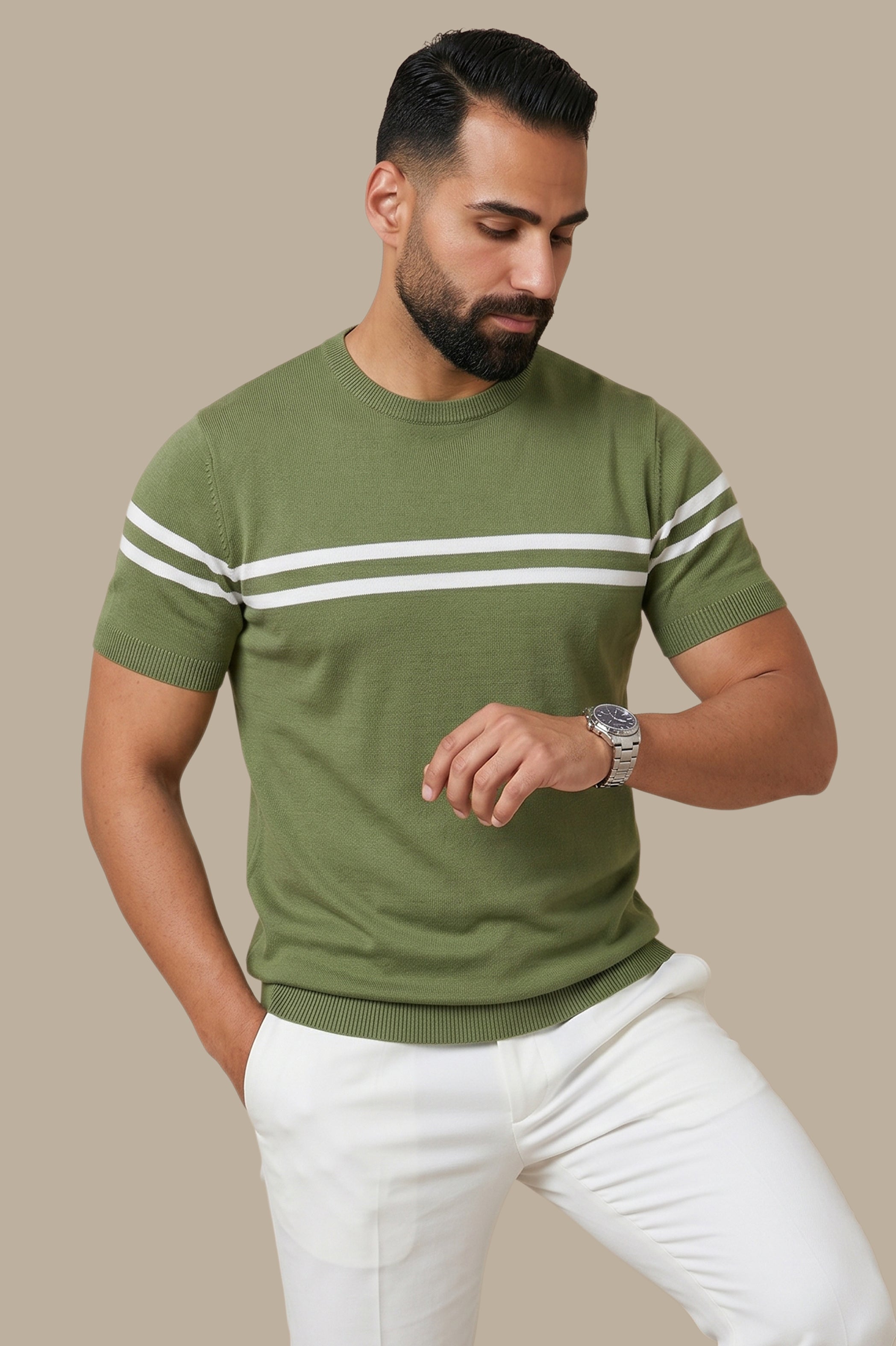 T-Shirt Mercerized With Wide Stripes | Green