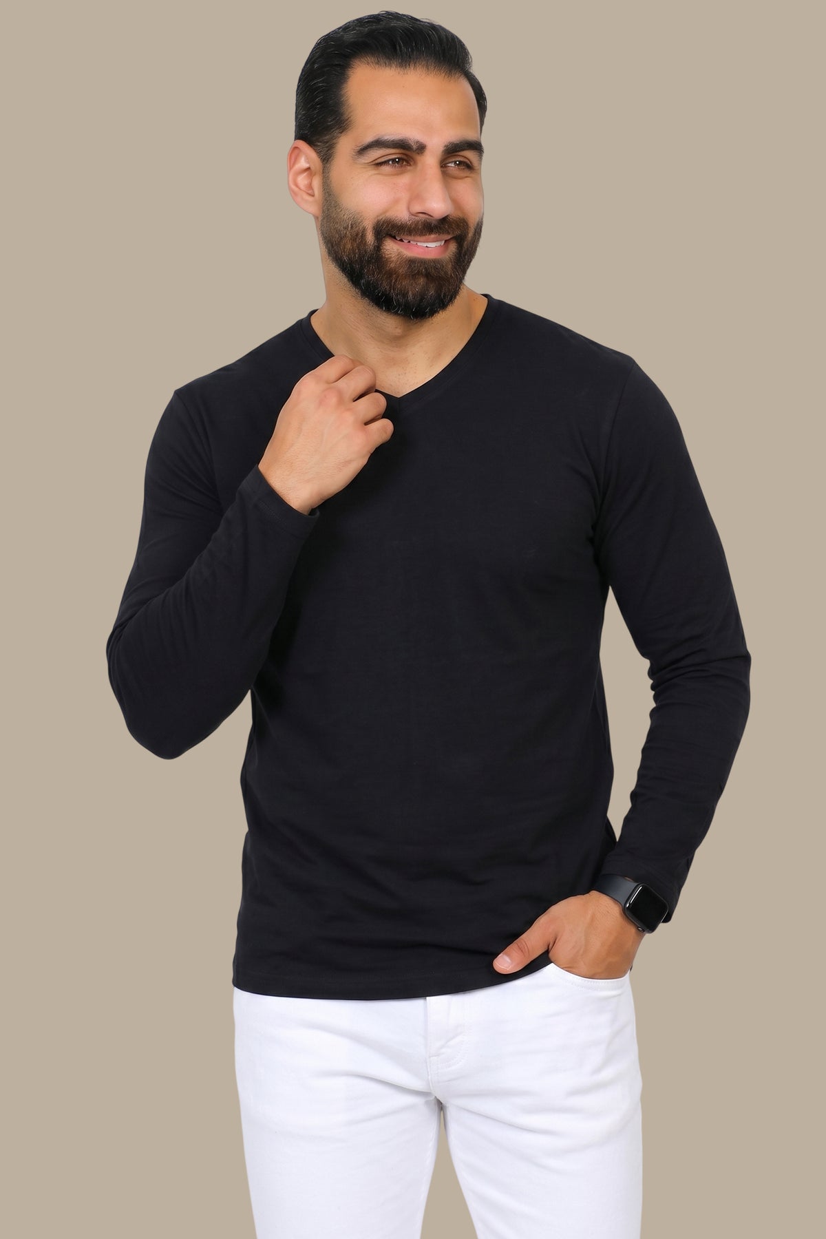 Basic Long Sleeve V-Neck T-Shirt – Black