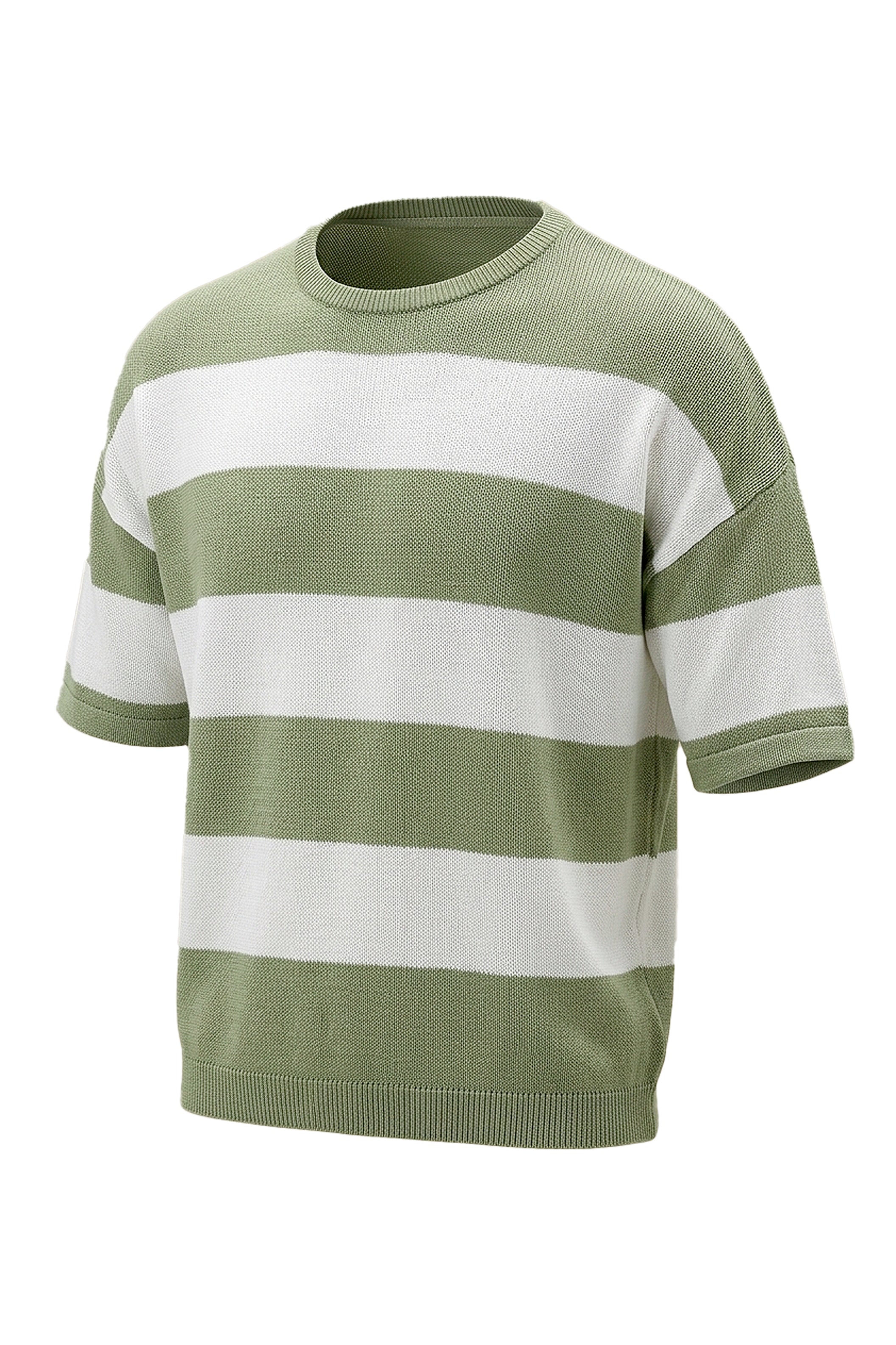Olive Wide Striped Oversized T-Shirt with 3/4 Sleeves